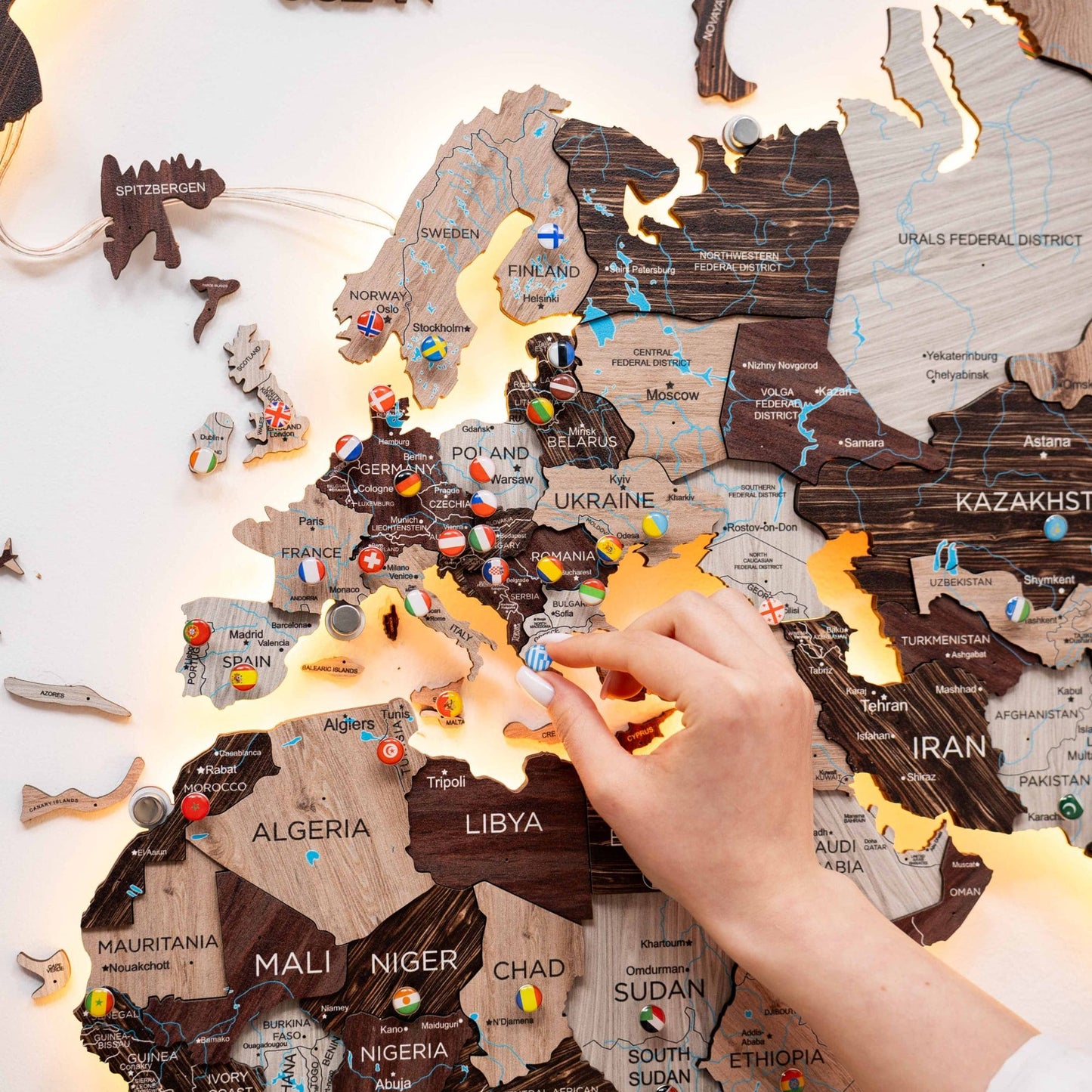 Luminous LED Wooden World Map Wall Art - Cappuccino