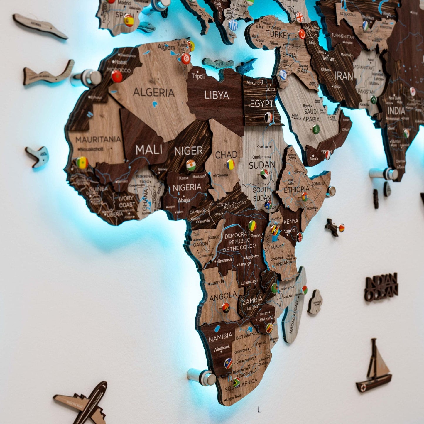 Luminous LED Wooden World Map Wall Art - Cappuccino