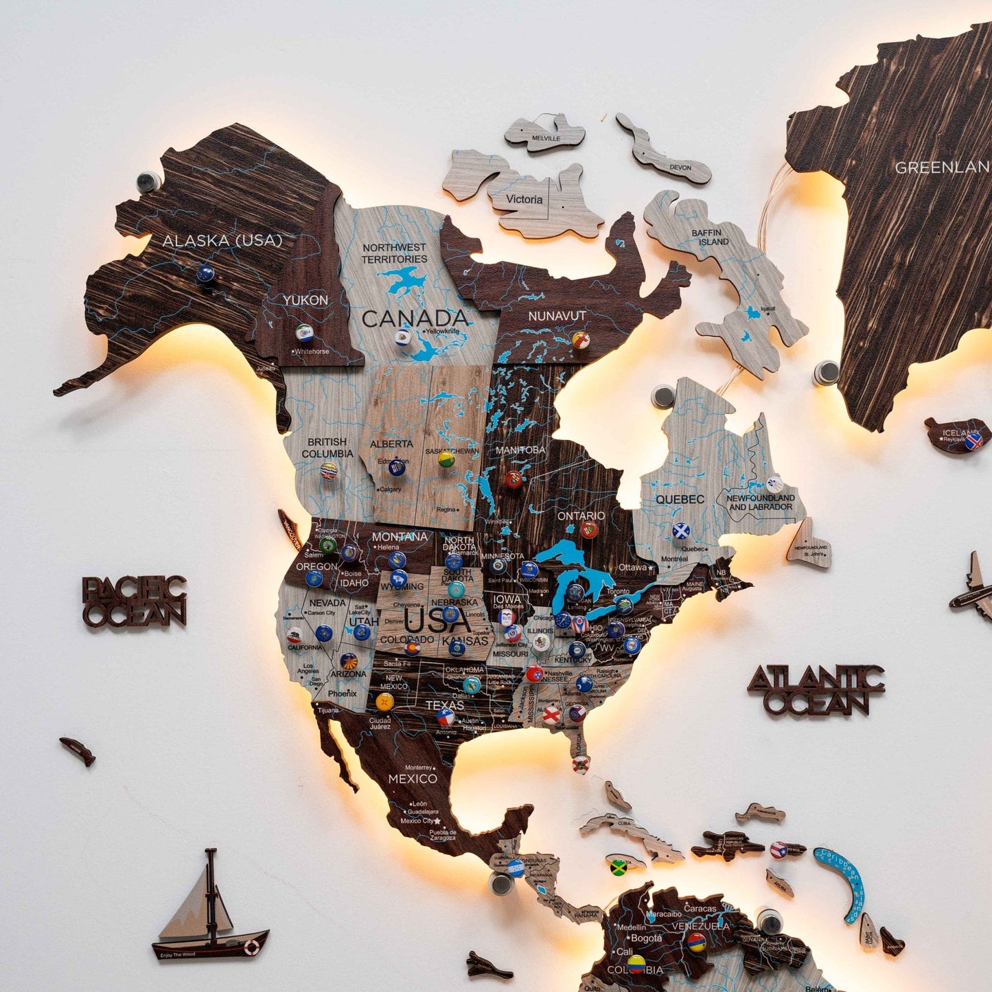 Luminous LED Wooden World Map Wall Art - Cappuccino