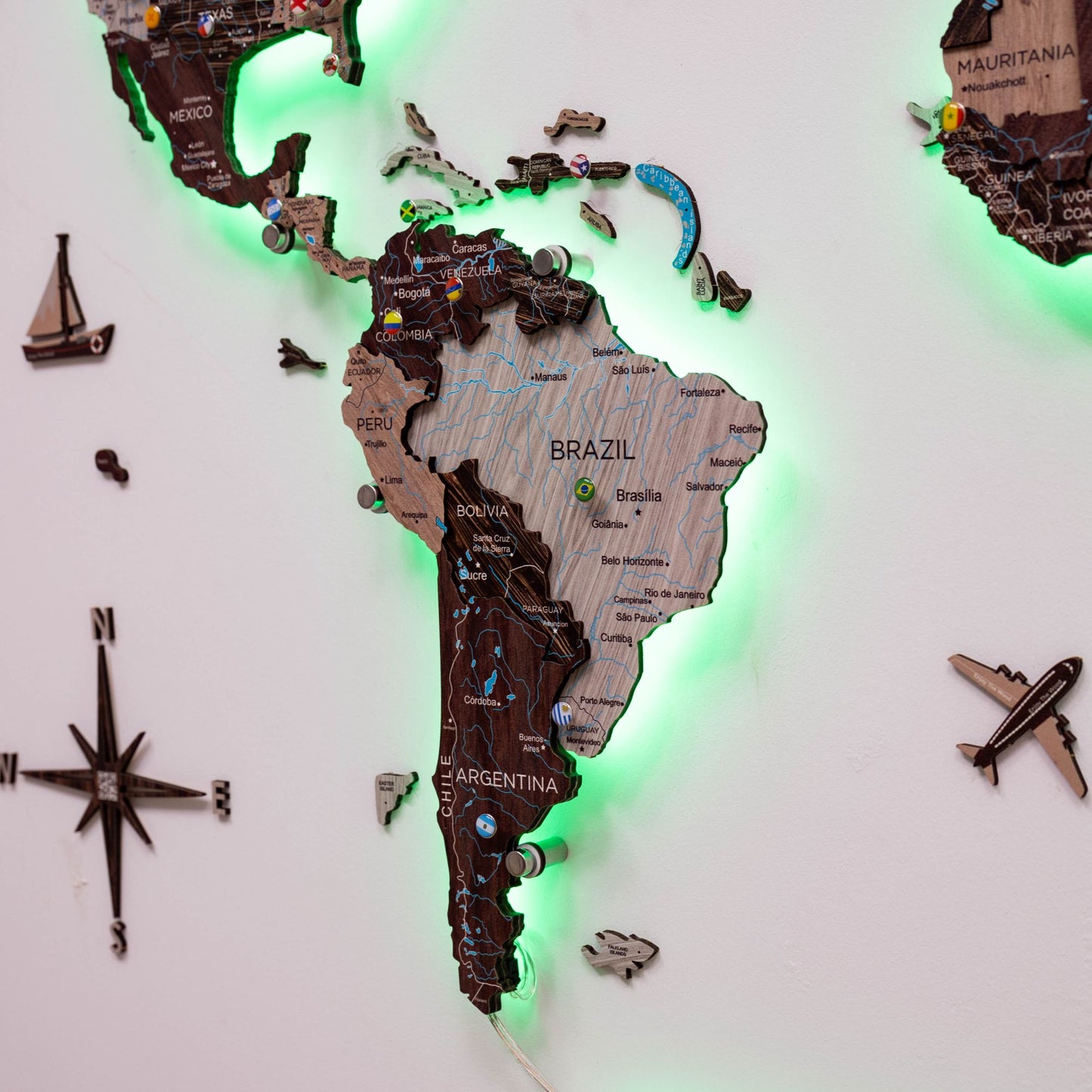 Luminous LED Wooden World Map Wall Art - Cappuccino