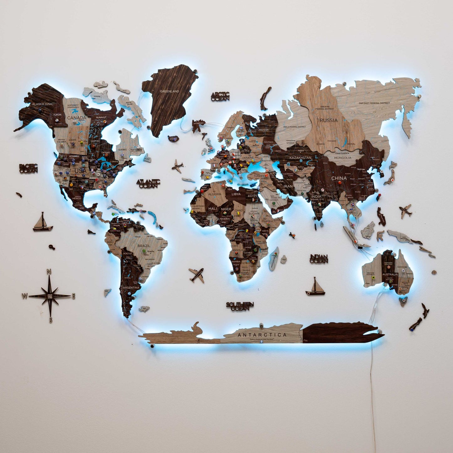 Luminous LED Wooden World Map Wall Art - Cappuccino