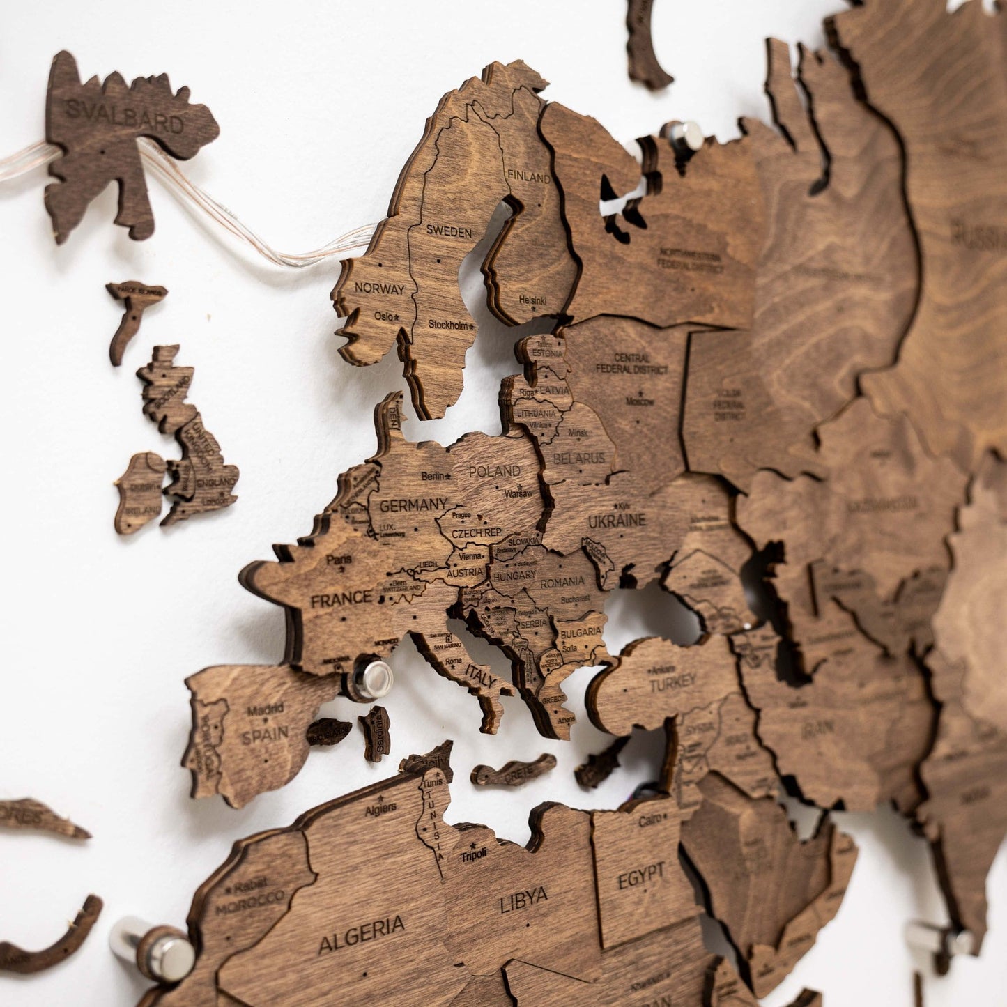 LED Wooden World Map Wall Art - Dark Walnut