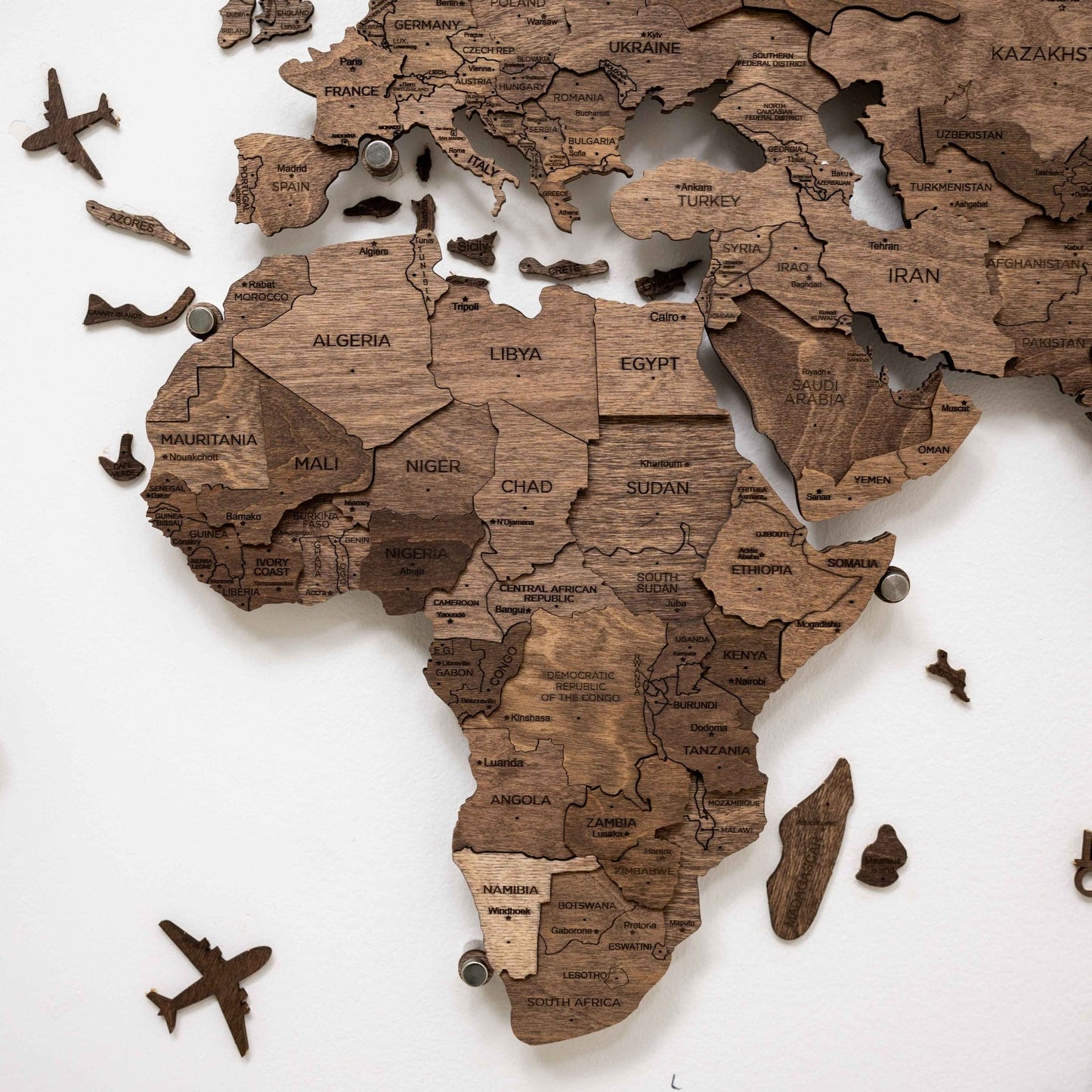 LED Wooden World Map Wall Art - Dark Walnut