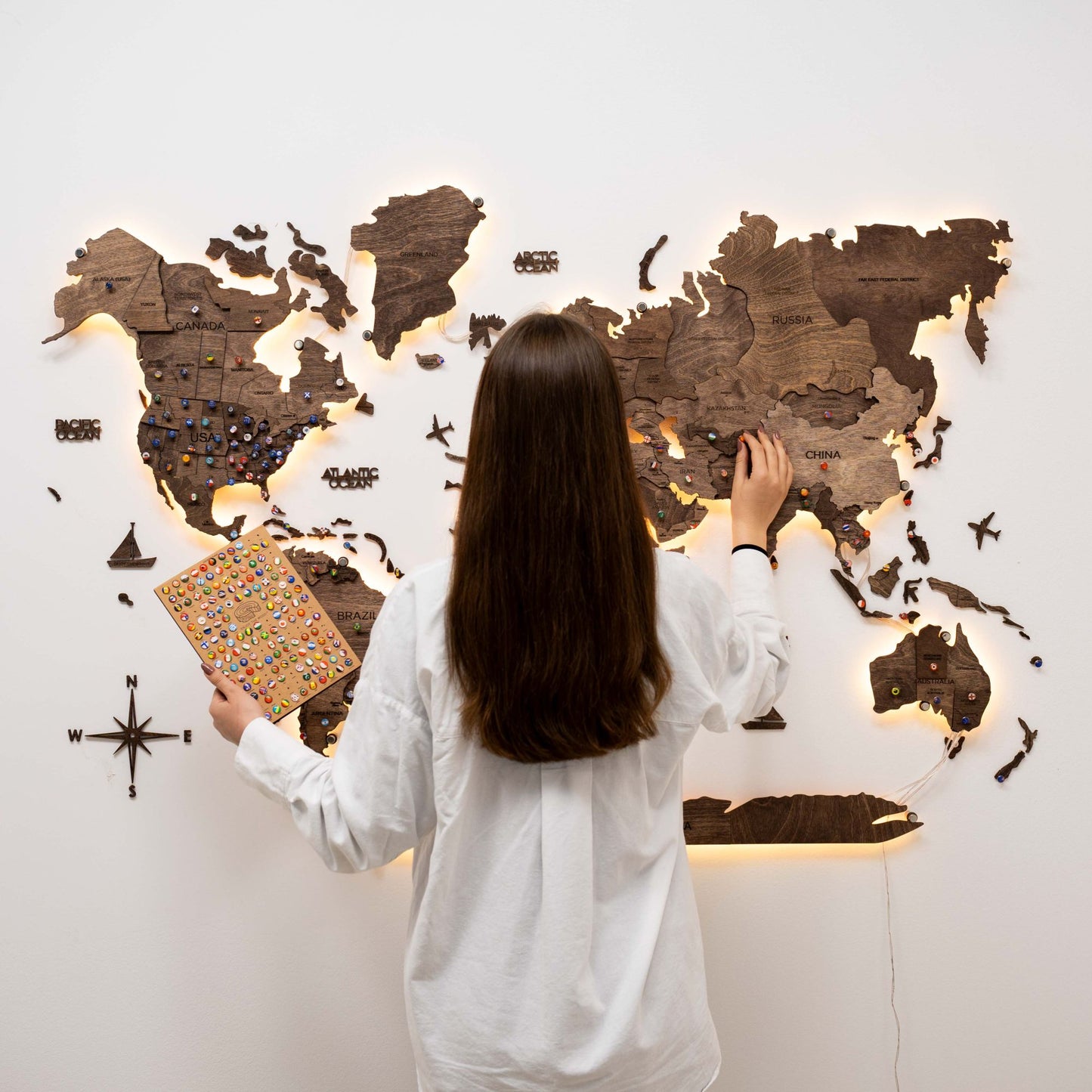 LED Wooden World Map Wall Art - Dark Walnut