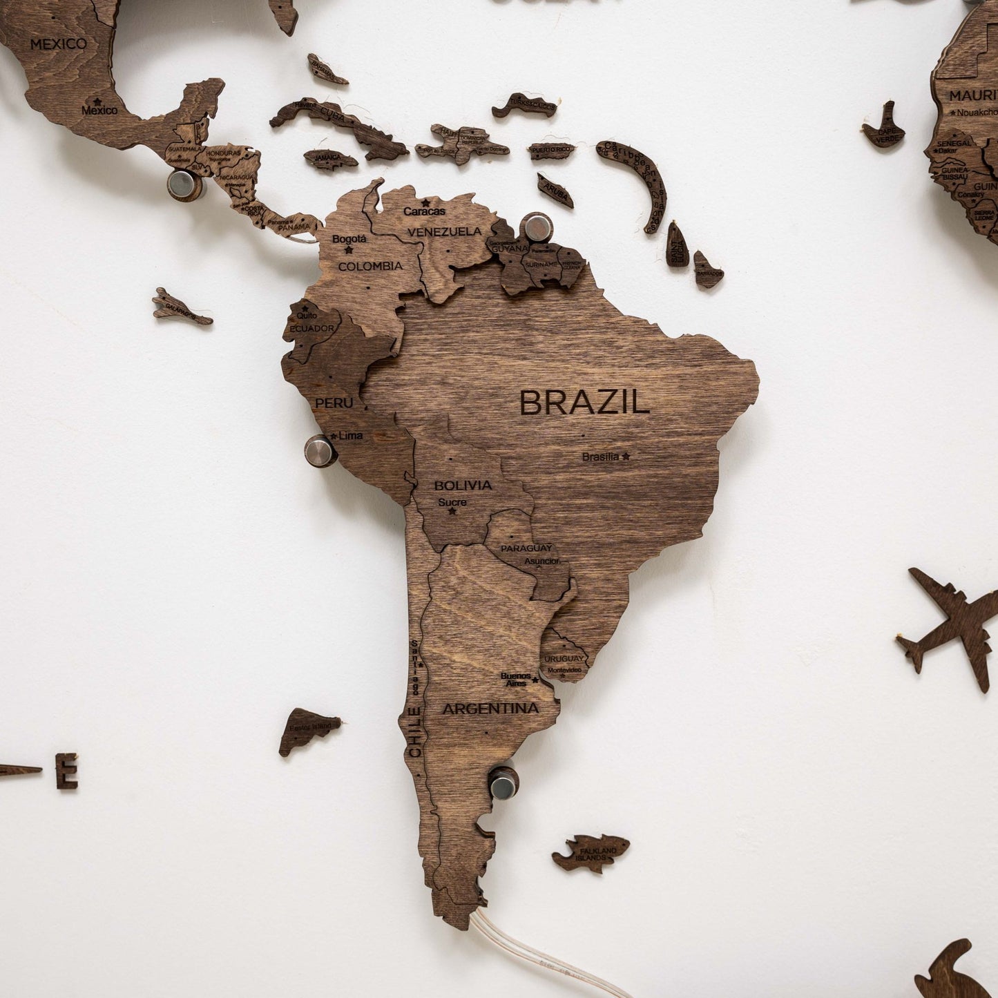 LED Wooden World Map Wall Art - Dark Walnut