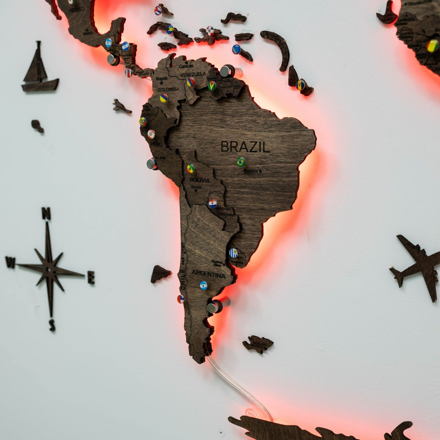 LED Wooden World Map Wall Art - Dark Walnut