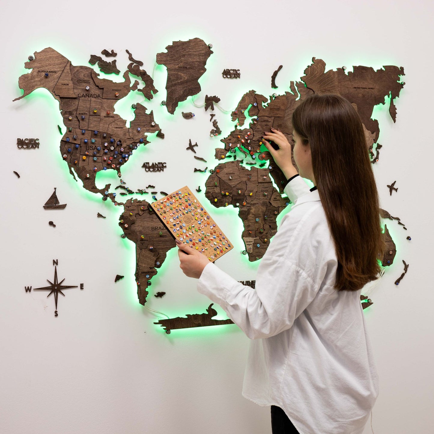 LED Wooden World Map Wall Art - Dark Walnut