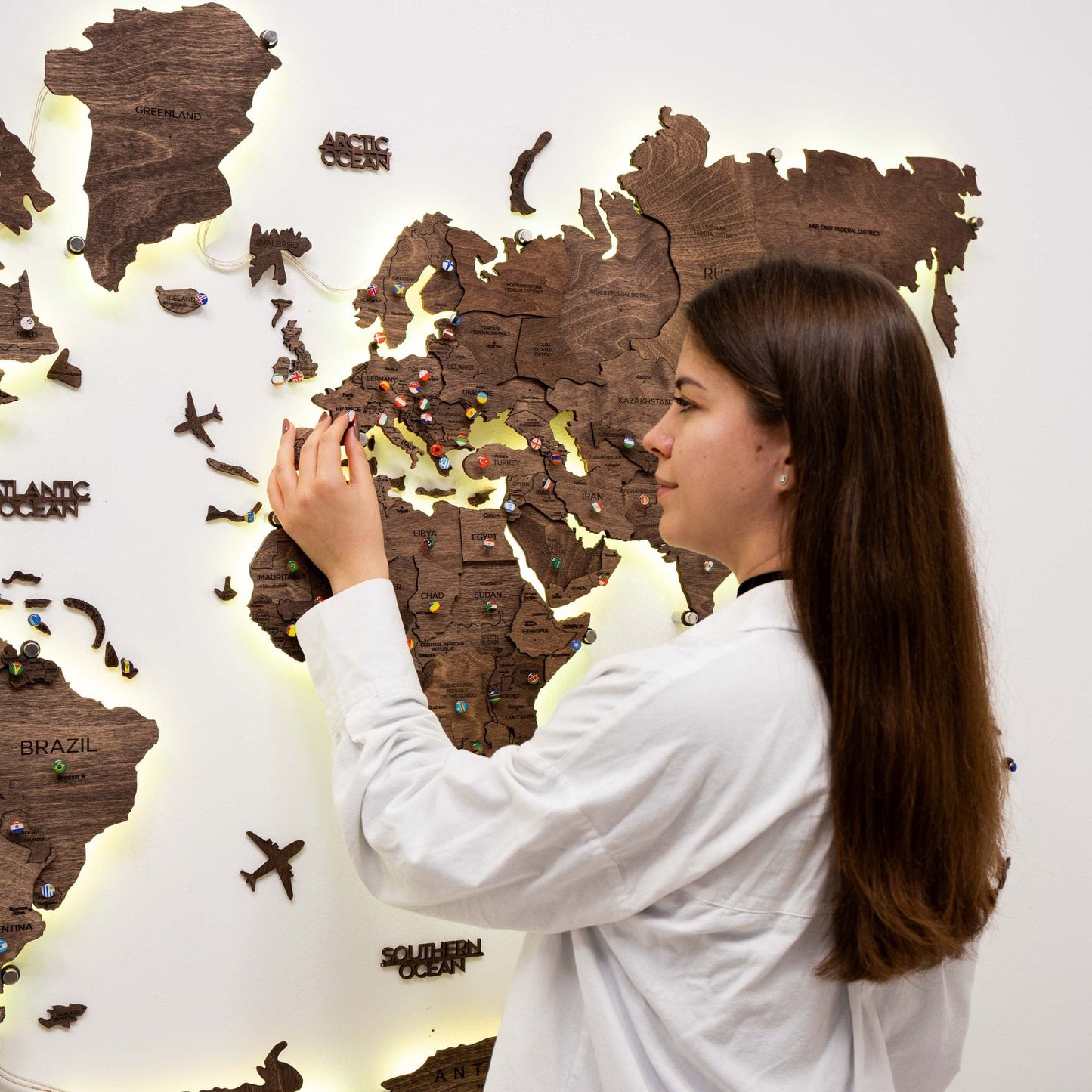 LED Wooden World Map Wall Art - Dark Walnut