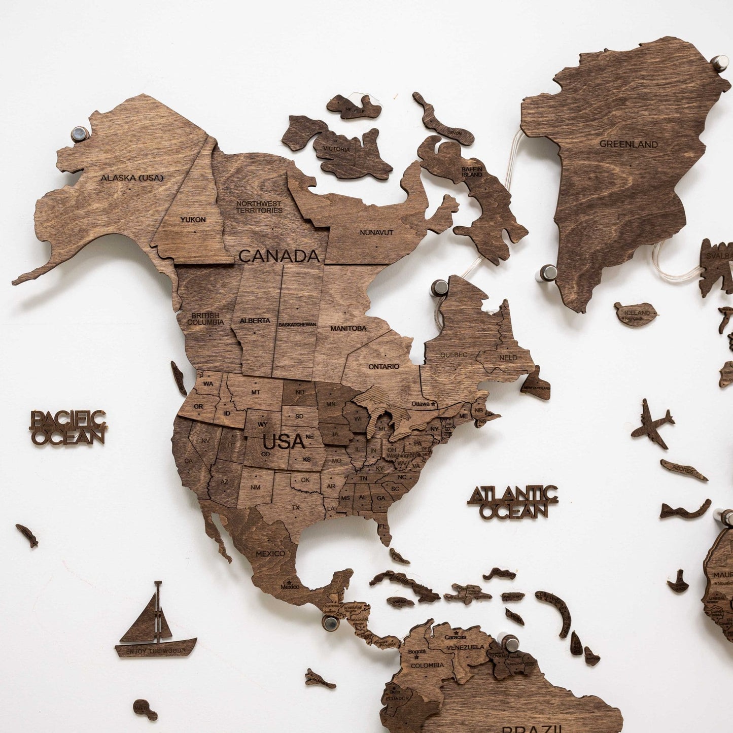 LED Wooden World Map Wall Art - Dark Walnut