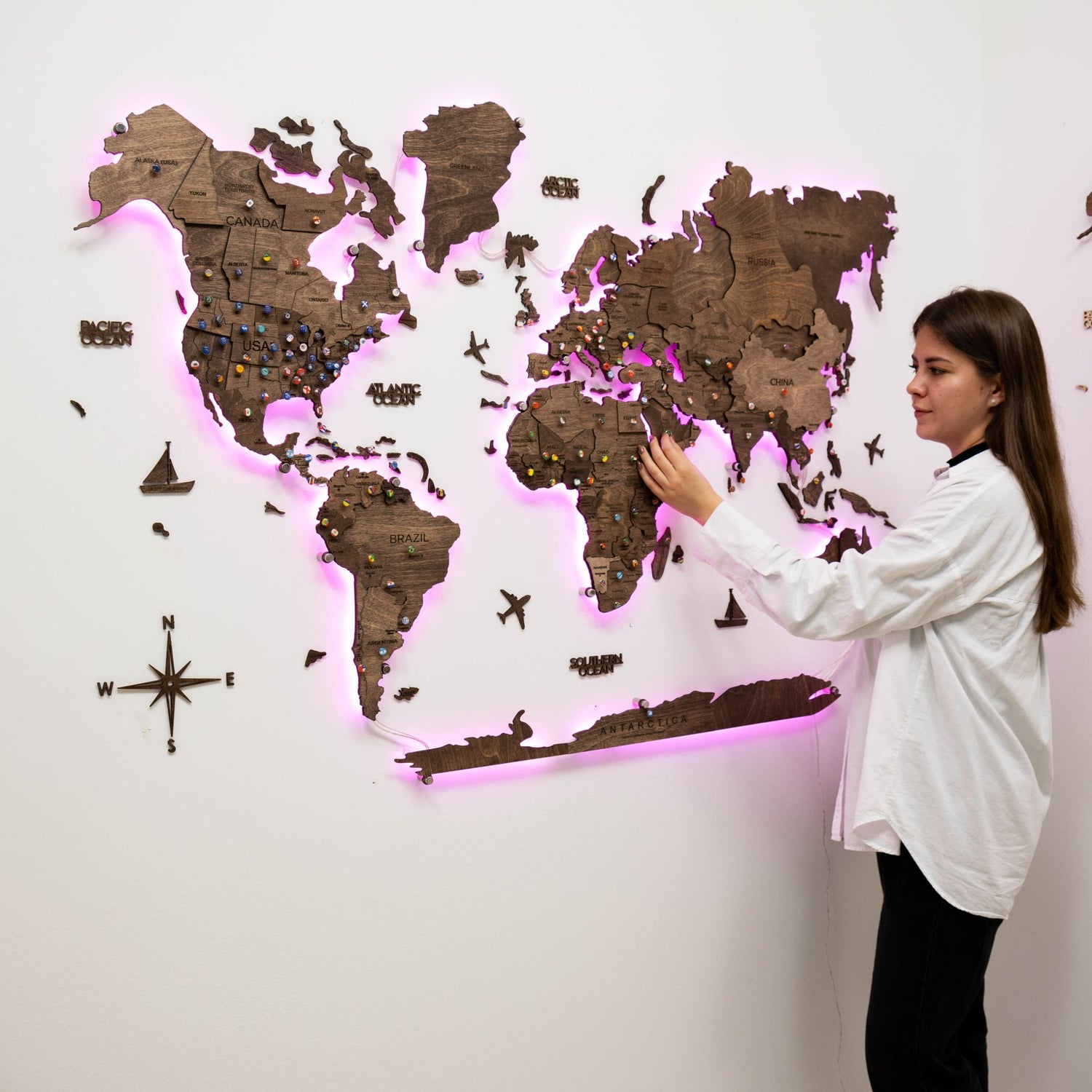 LED wooden world map wall art, Dark Walnut finish