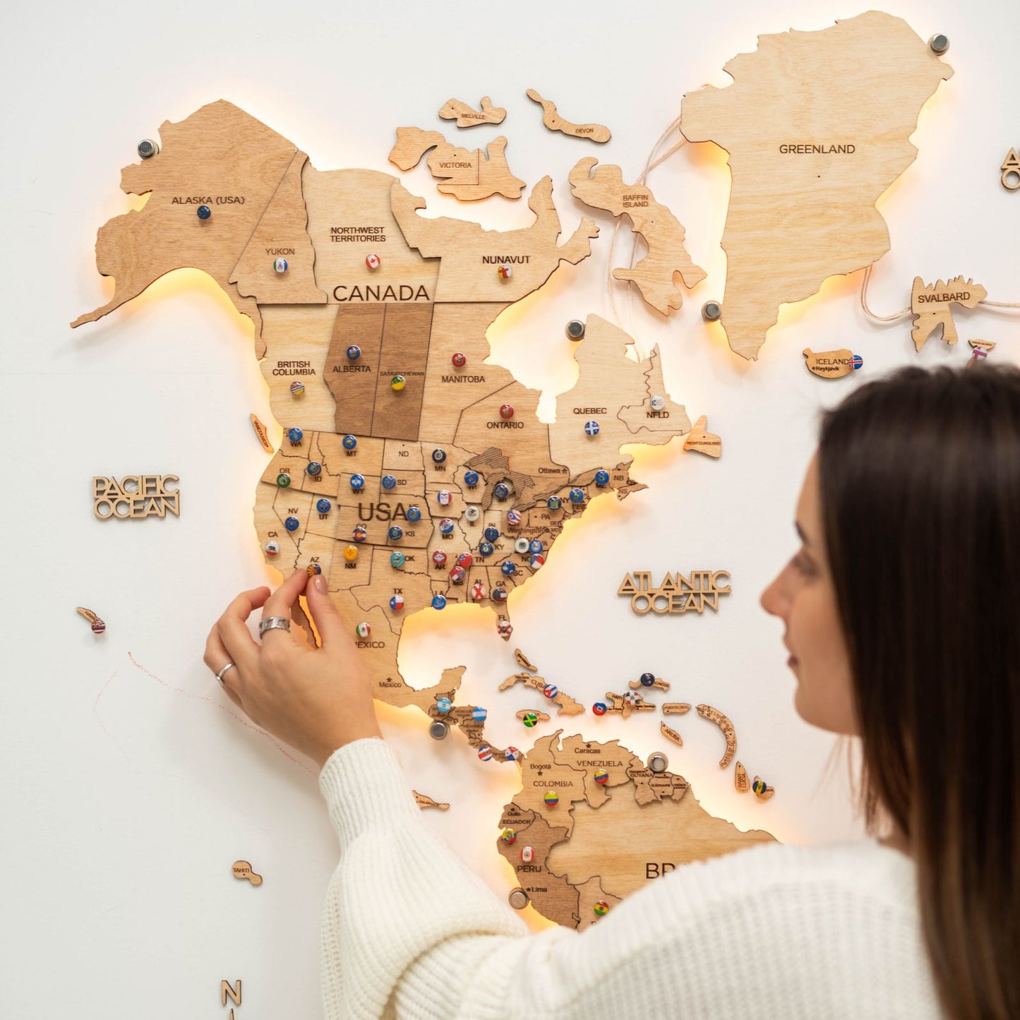 LED Wooden World Map Wall Art - Gold