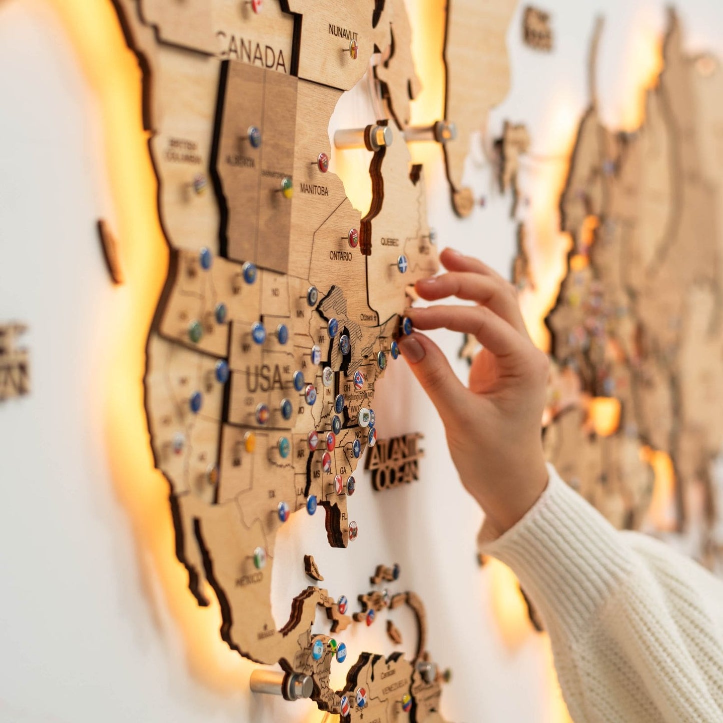 LED Wooden World Map Wall Art - Gold