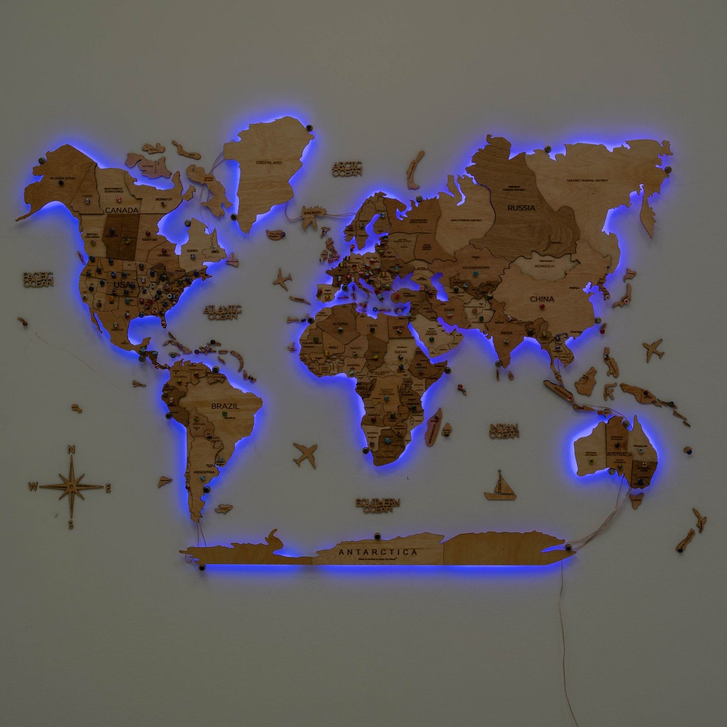 LED Wooden World Map Wall Art - Gold