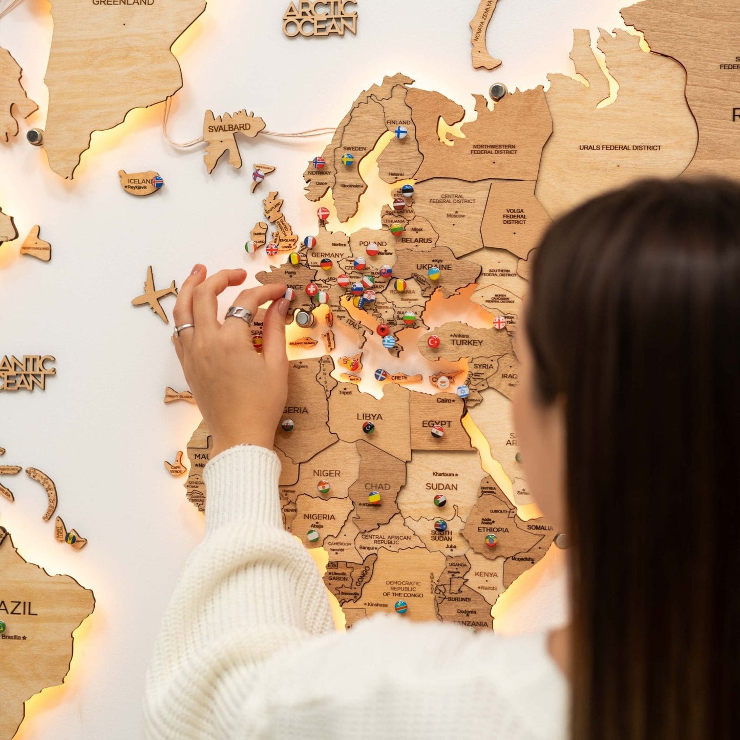 LED Wooden World Map Wall Art - Gold