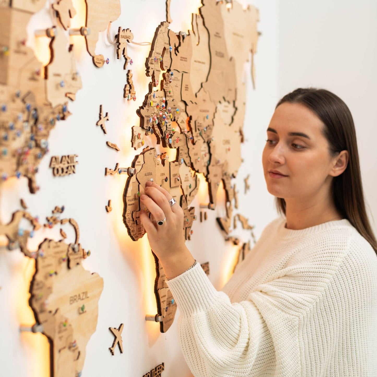 LED Wooden World Map Wall Art - Gold