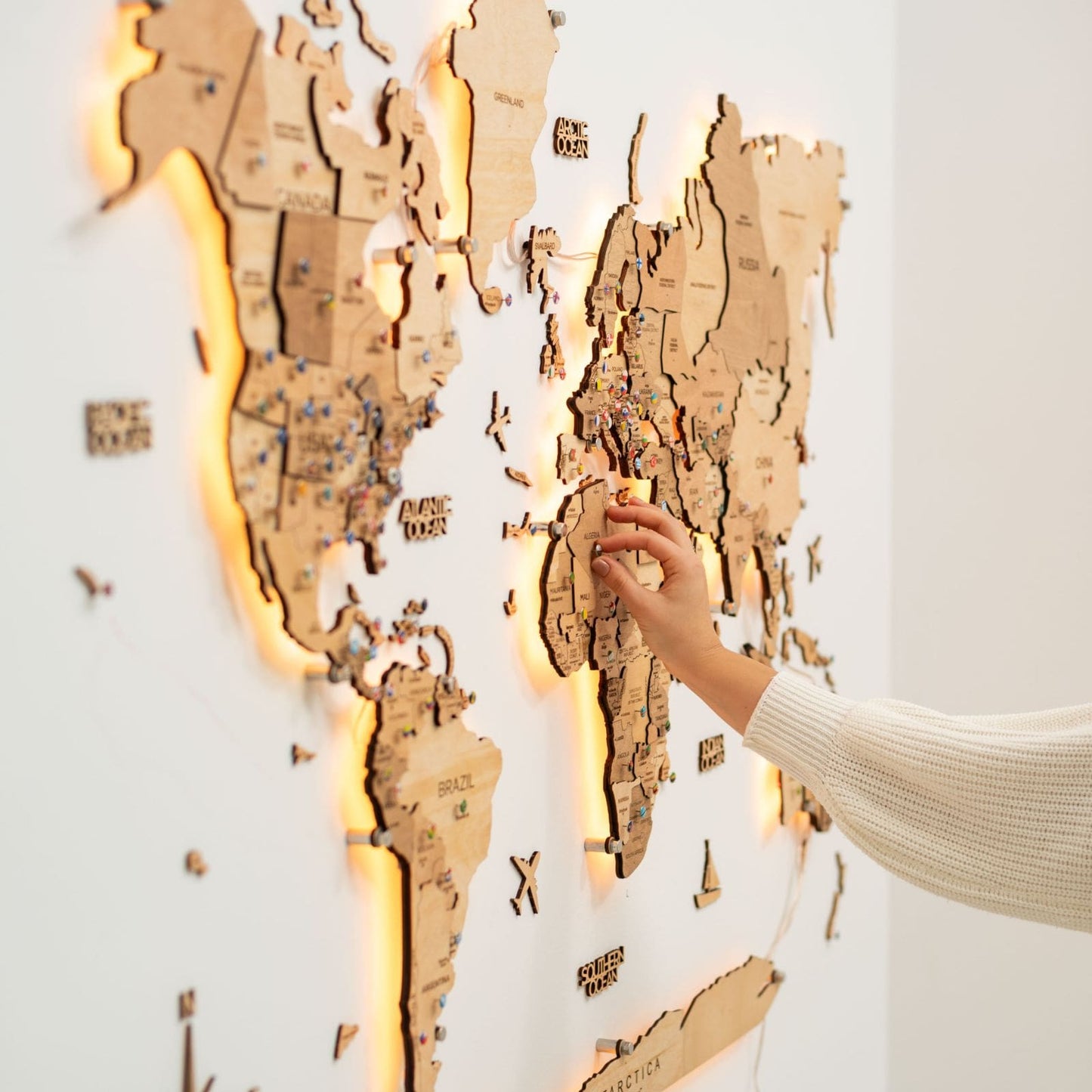 LED Wooden World Map Wall Art - Gold