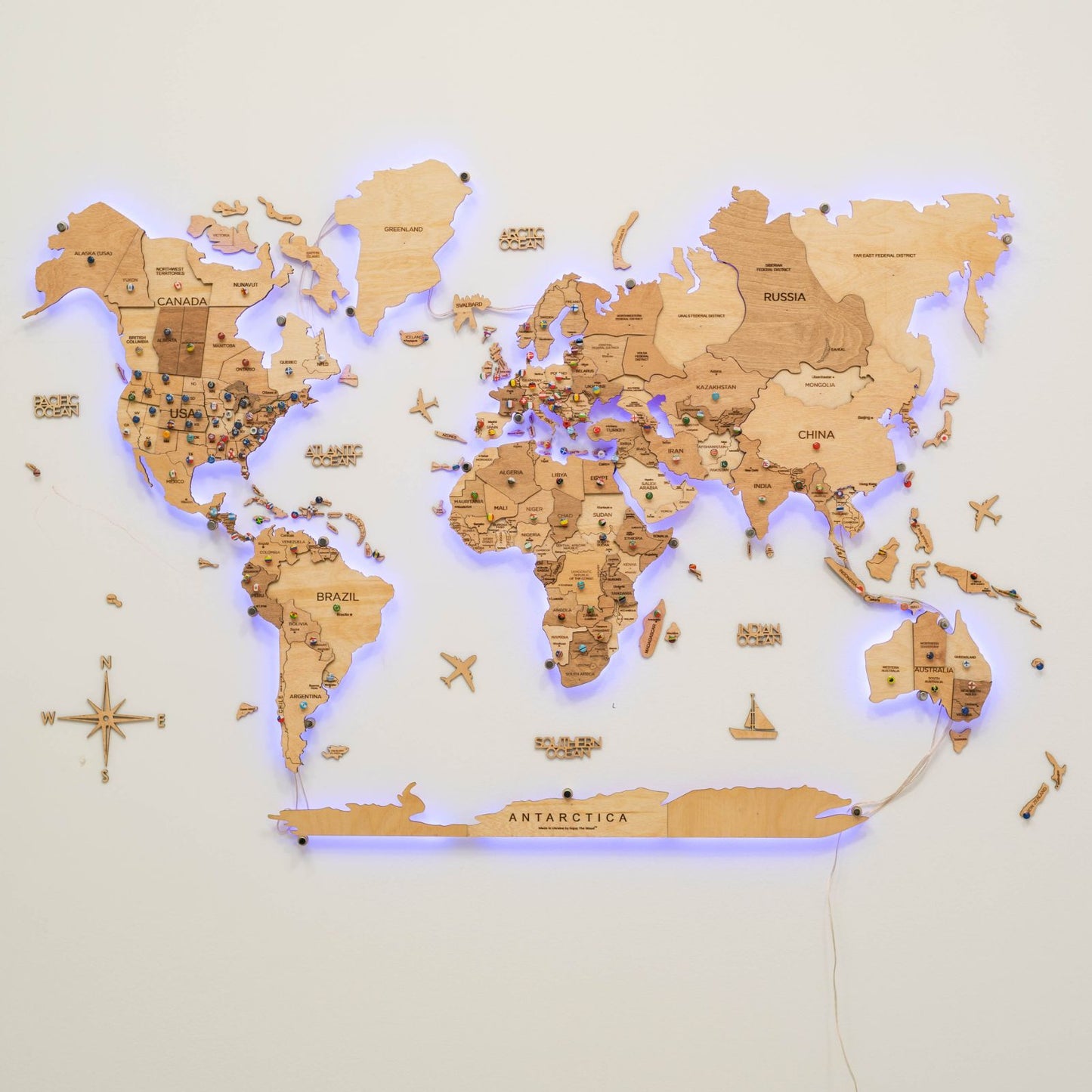 LED Wooden World Map Wall Art - Gold