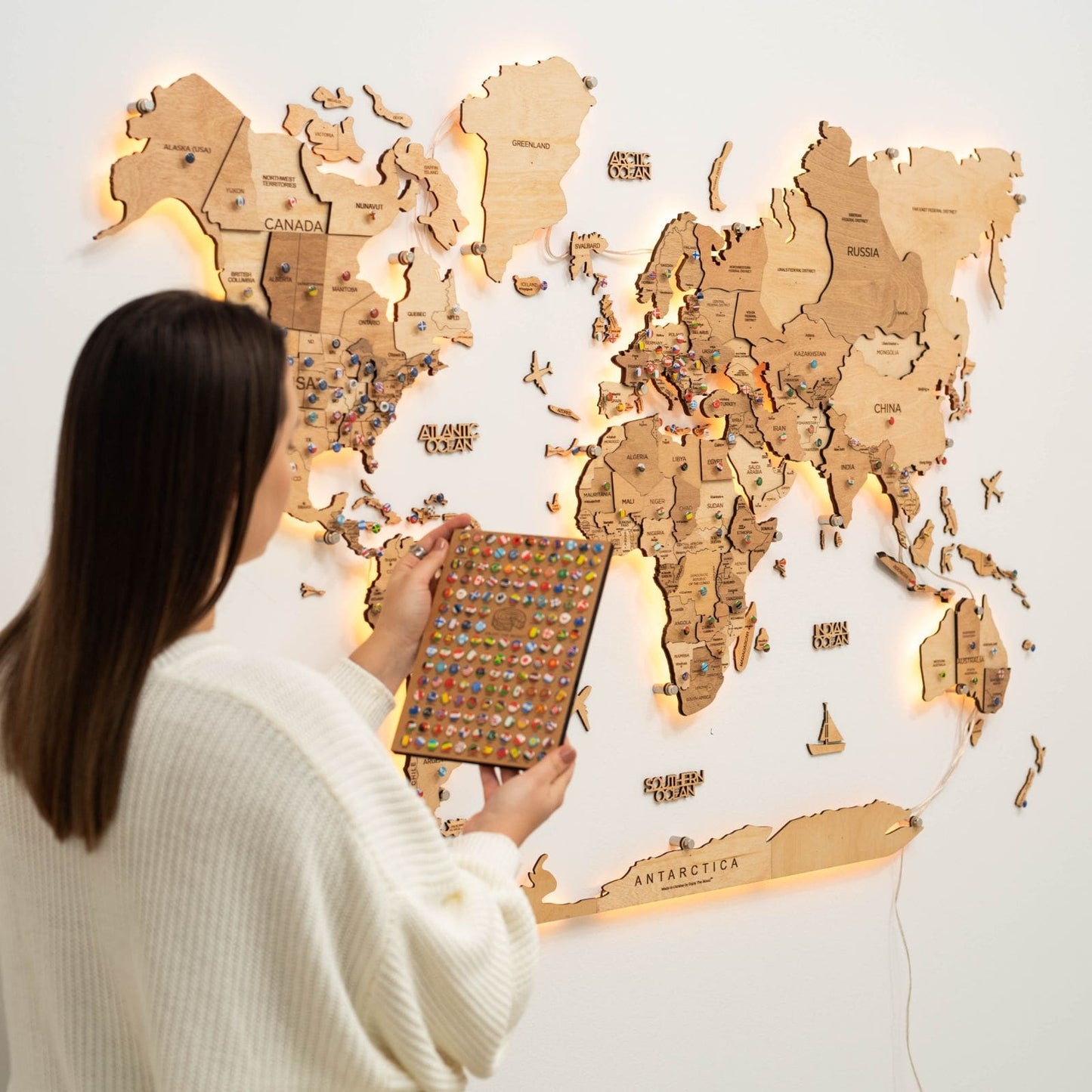 LED Wooden World Map Wall Art - Gold