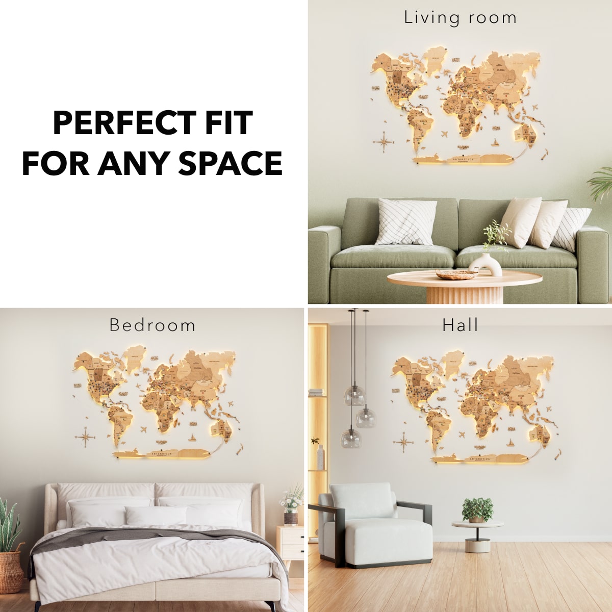 LED Wooden World Map Wall Art - Gold