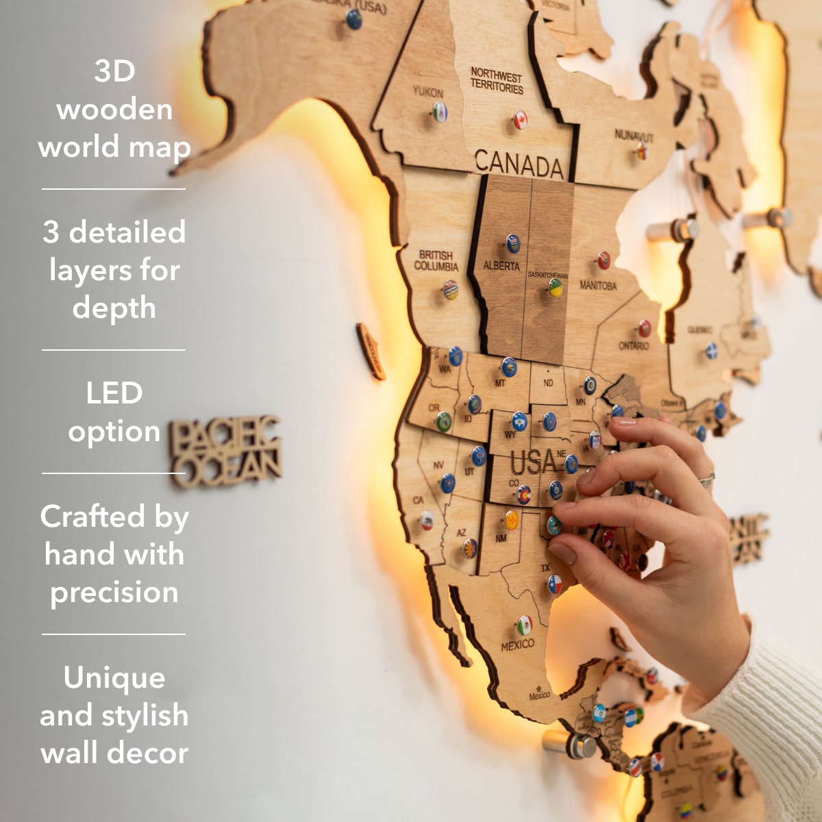 LED Wooden World Map Wall Art - Gold