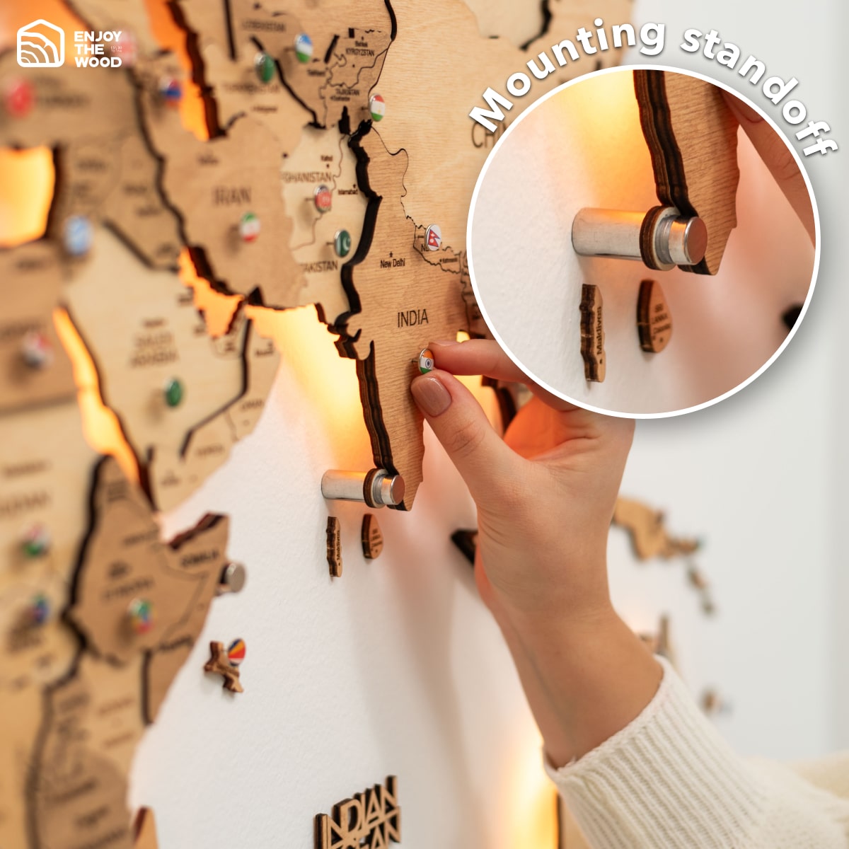 LED Wooden World Map Wall Art - Gold