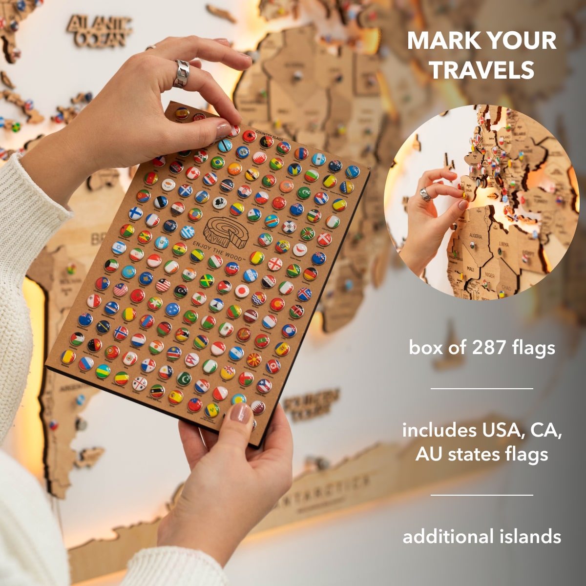 LED Wooden World Map Wall Art - Gold