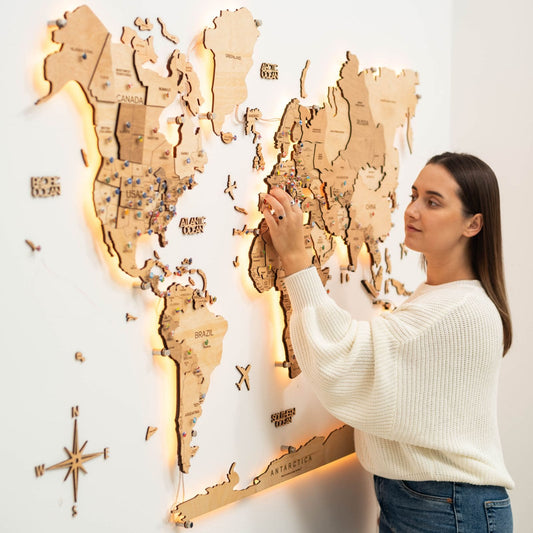 LED wooden world map wall art, Gold finish
