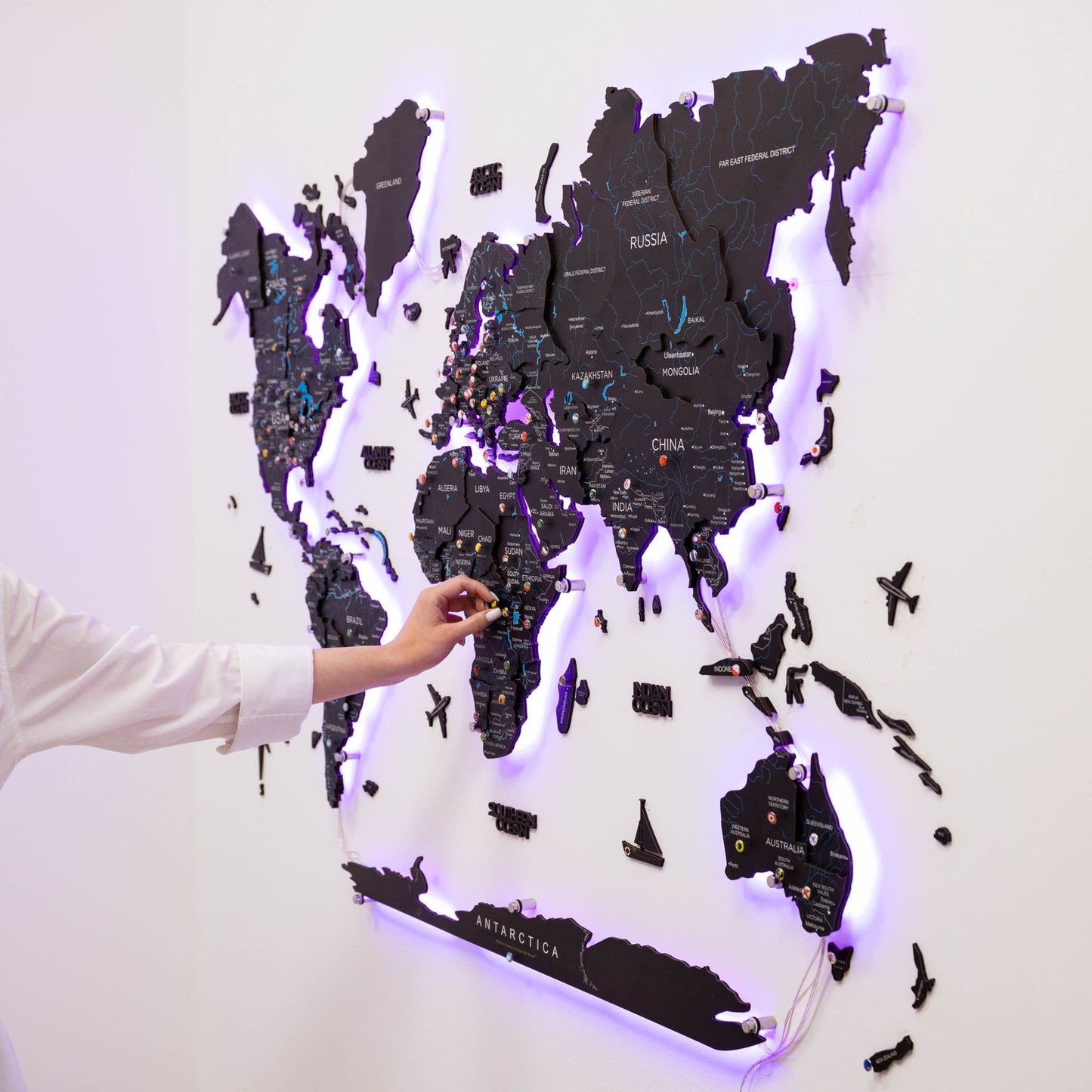 Luminous LED Wooden World Map Wall Art - Midnight