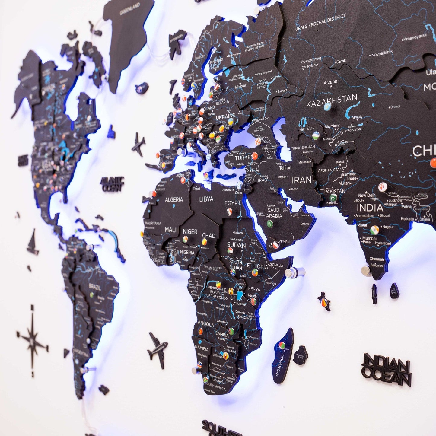 Luminous LED Wooden World Map Wall Art - Midnight