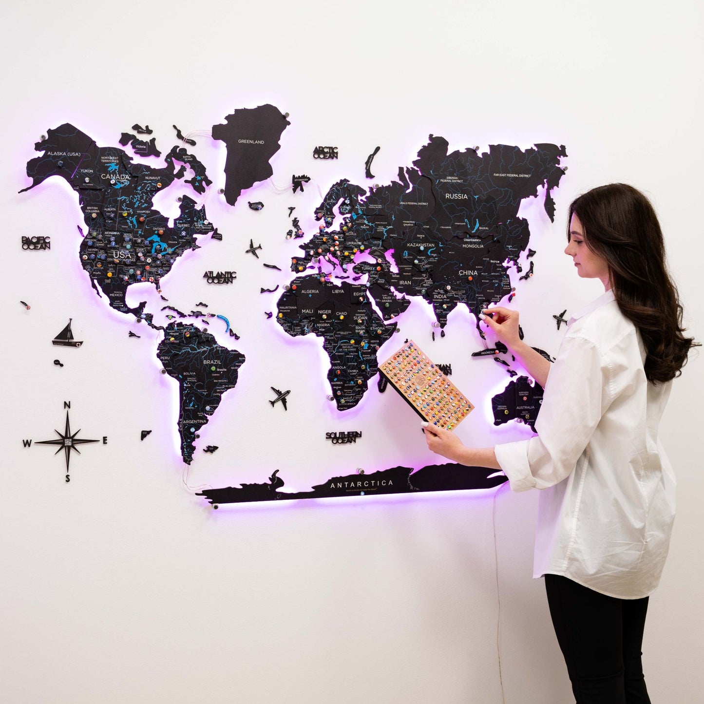 Luminous LED Wooden World Map Wall Art - Midnight
