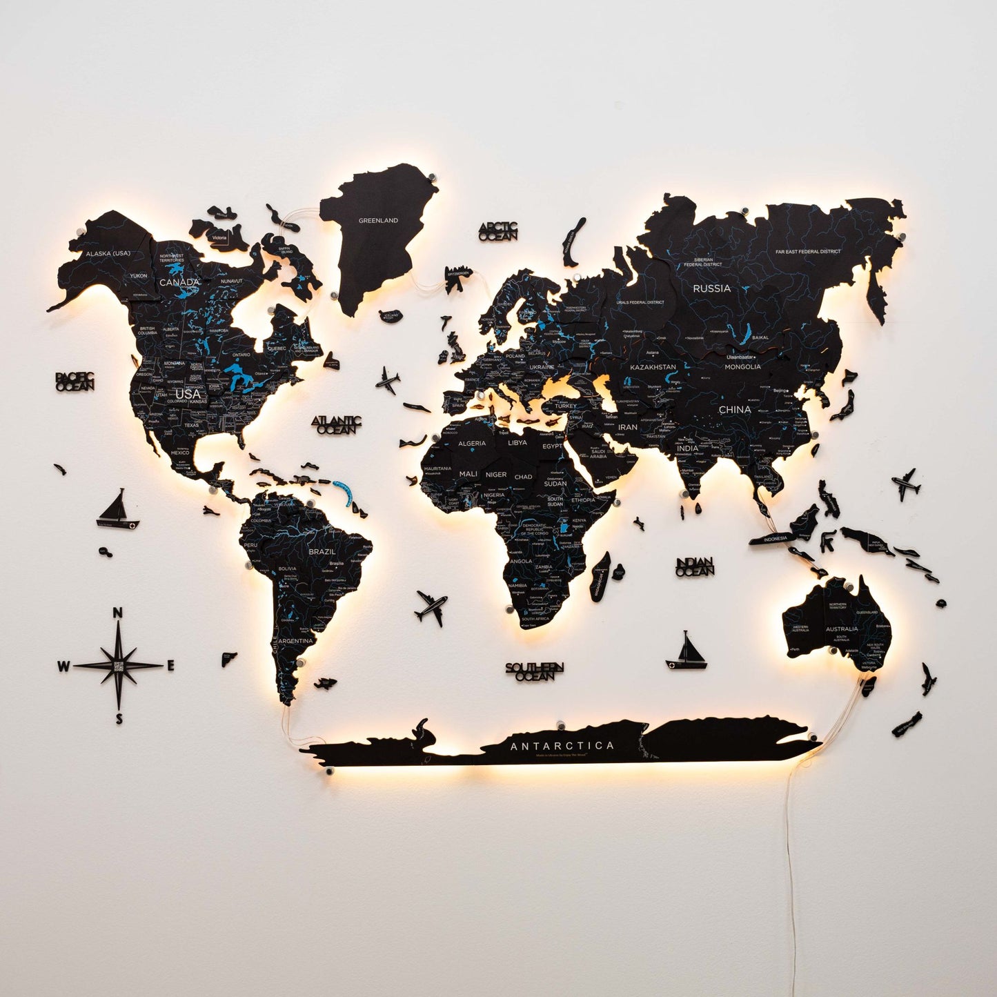 Luminous LED Wooden World Map Wall Art - Midnight