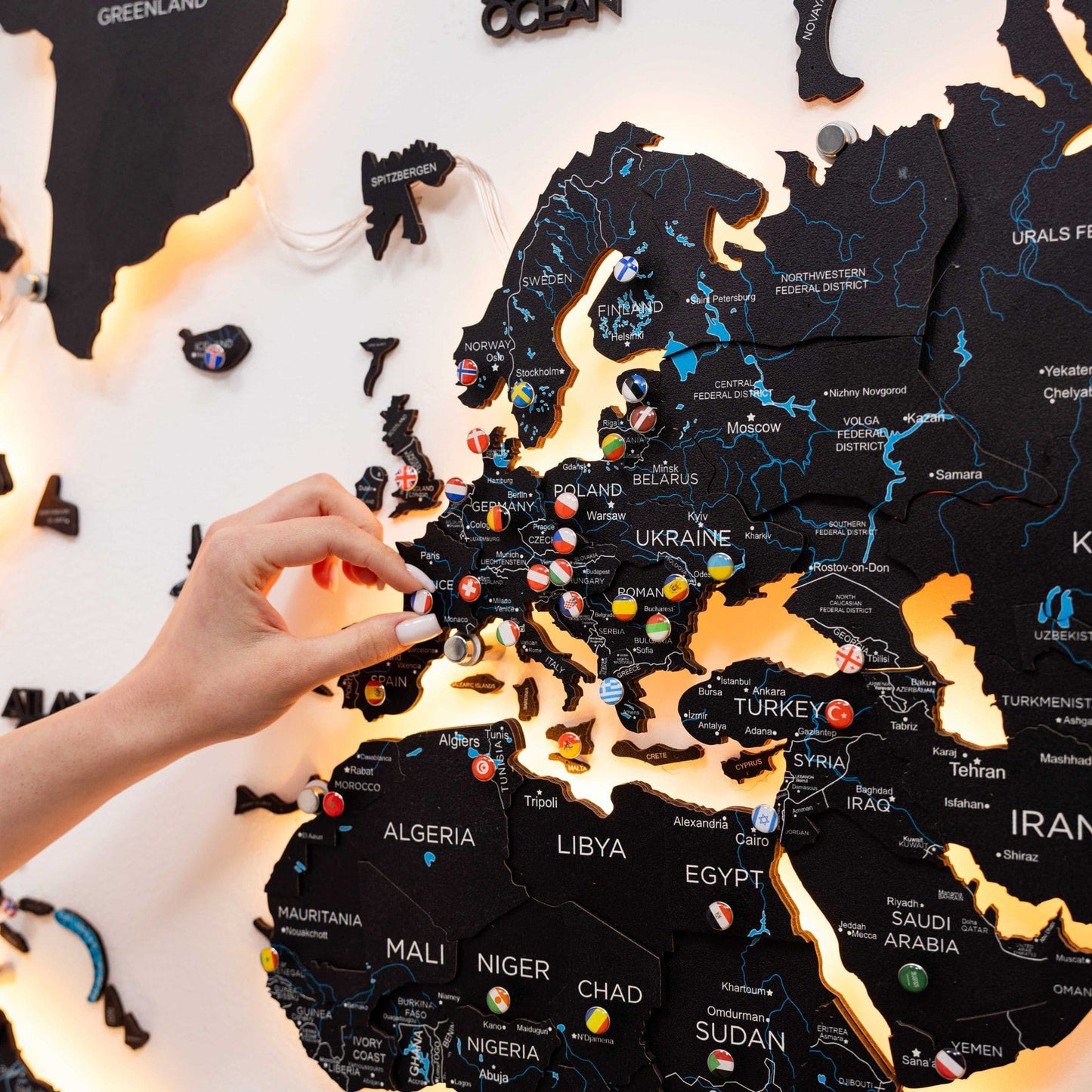 Luminous LED Wooden World Map Wall Art - Midnight
