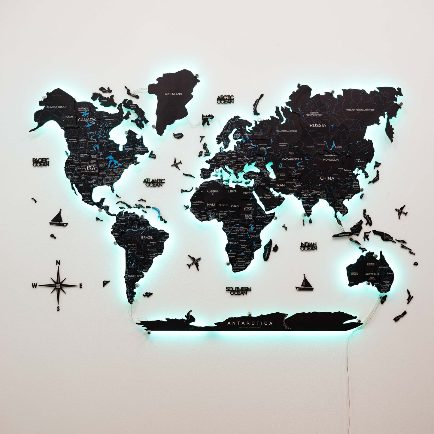 Luminous LED Wooden World Map Wall Art - Midnight