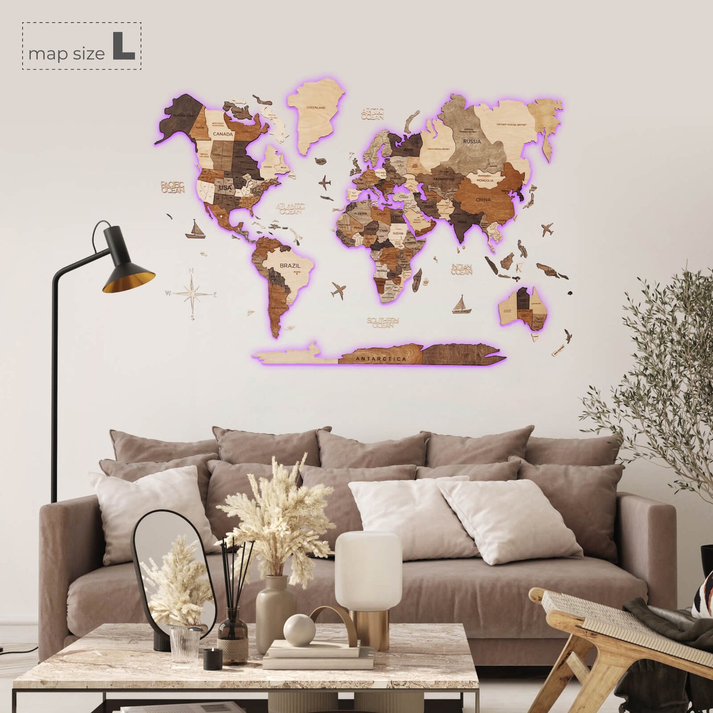 LED Wooden World Map Wall Art - Multicolor