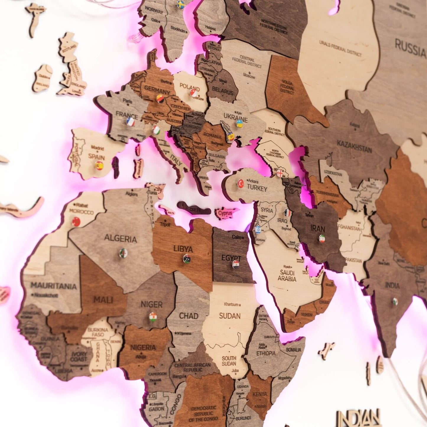 LED Wooden World Map Wall Art - Multicolor