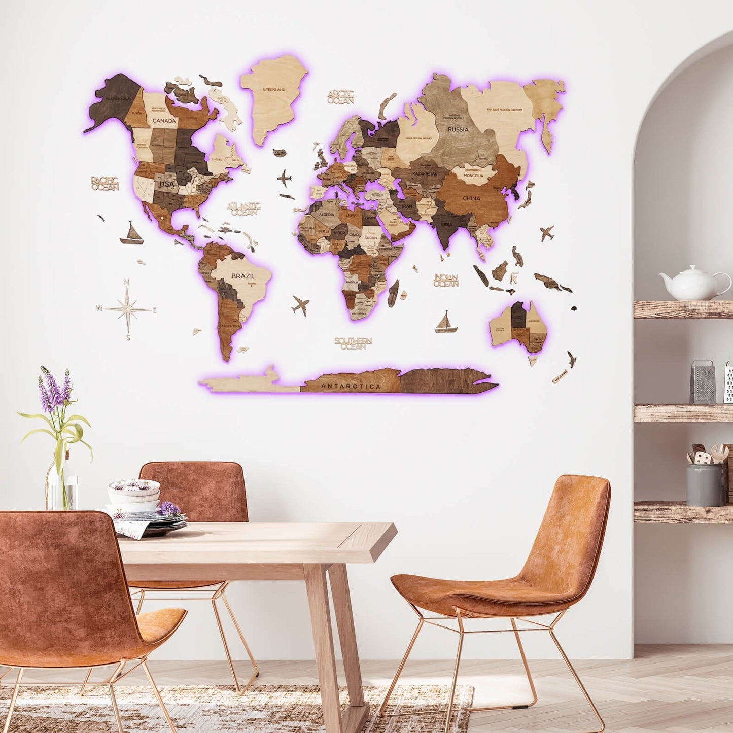 LED Wooden World Map Wall Art - Multicolor