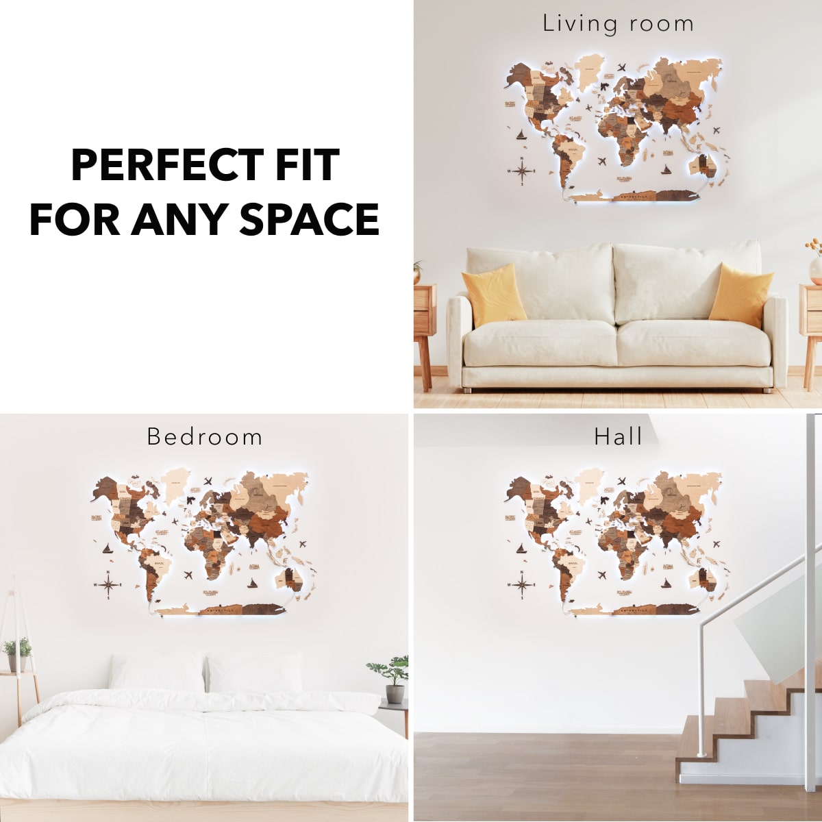LED Wooden World Map Wall Art - Multicolor