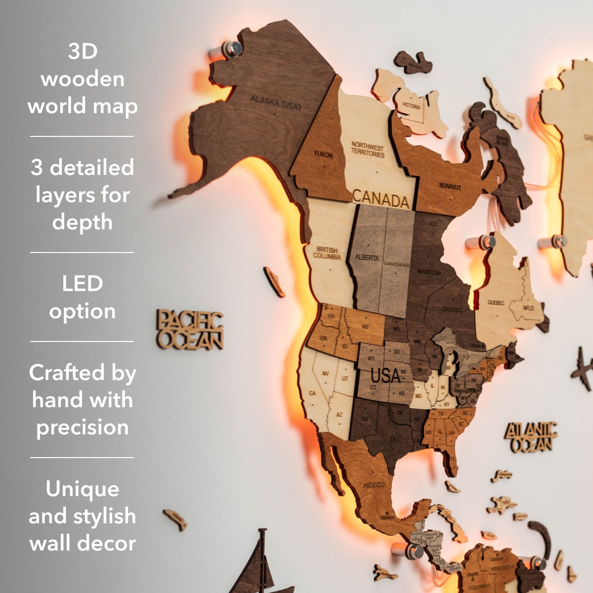 LED Wooden World Map Wall Art - Multicolor