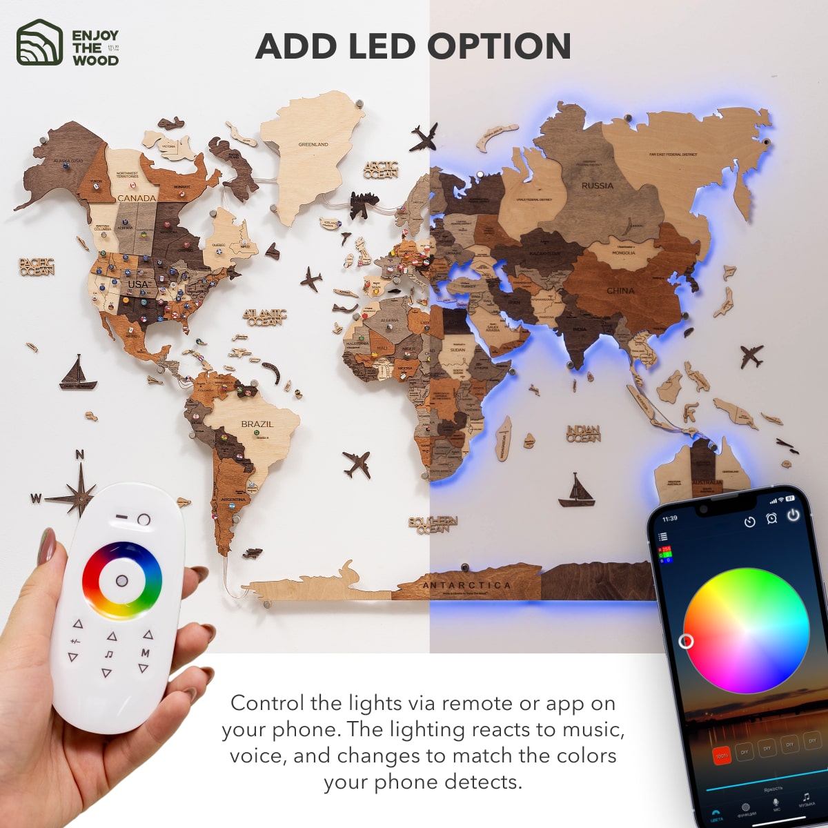 LED Wooden World Map Wall Art - Multicolor