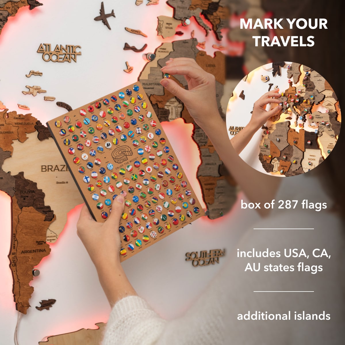 LED Wooden World Map Wall Art - Multicolor