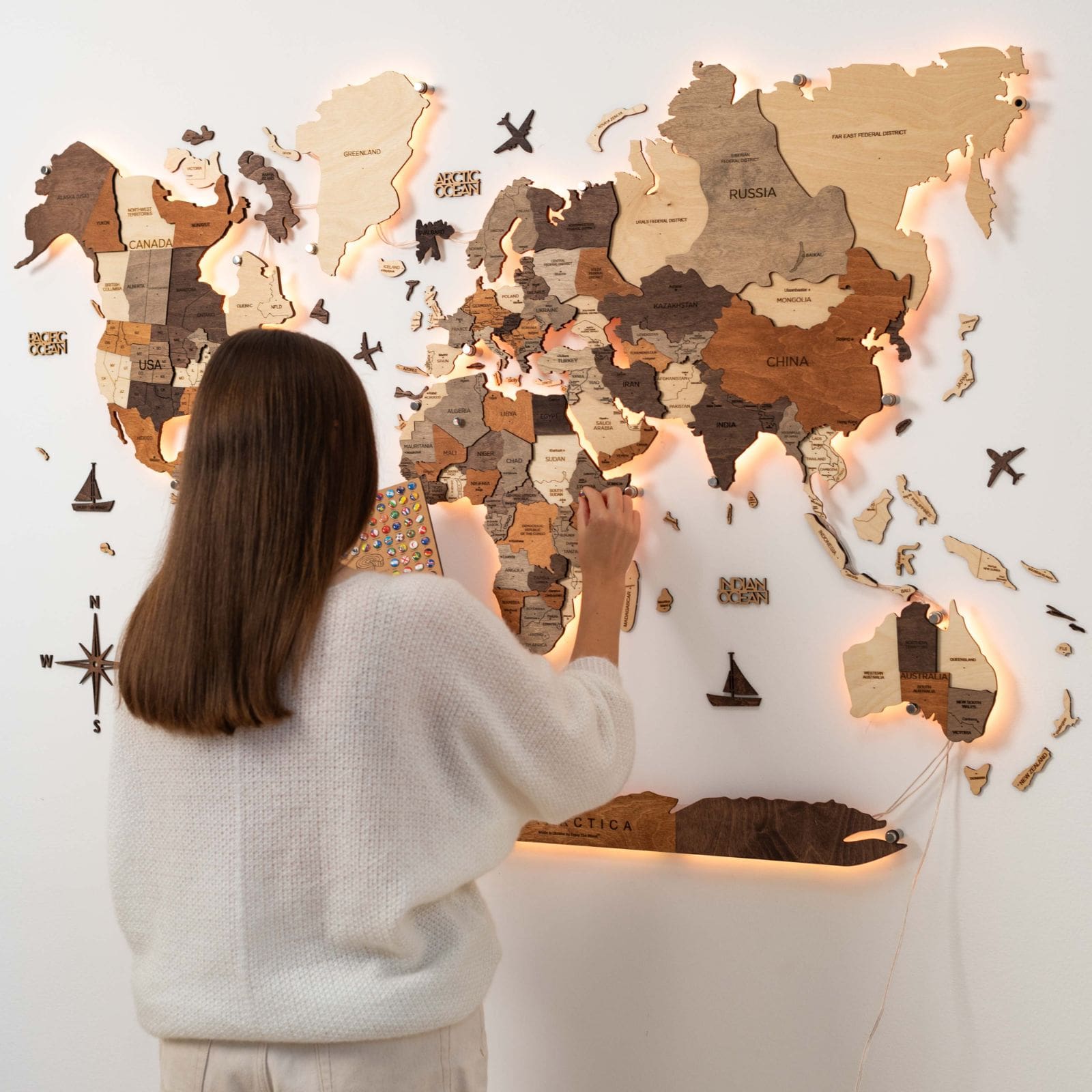 LED wooden world map wall art, Multicolor finish