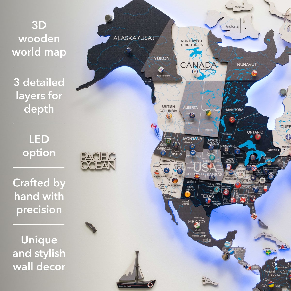 Luminous LED Wooden World Map Wall Art - Nordik