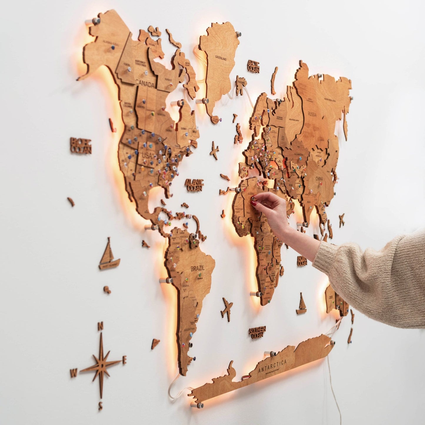 LED Wooden World Map Wall Art - Oak