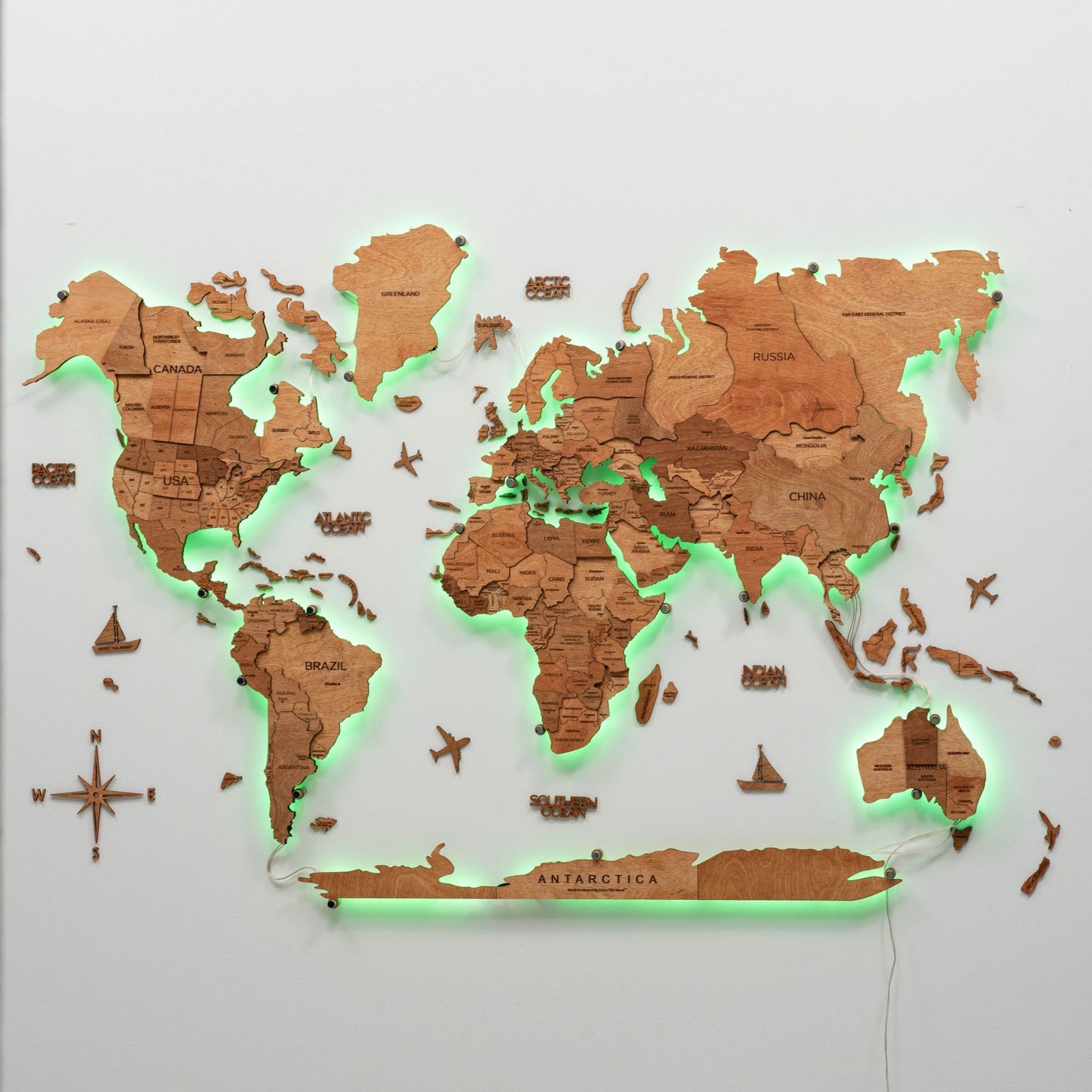 LED Wooden World Map Wall Art - Oak