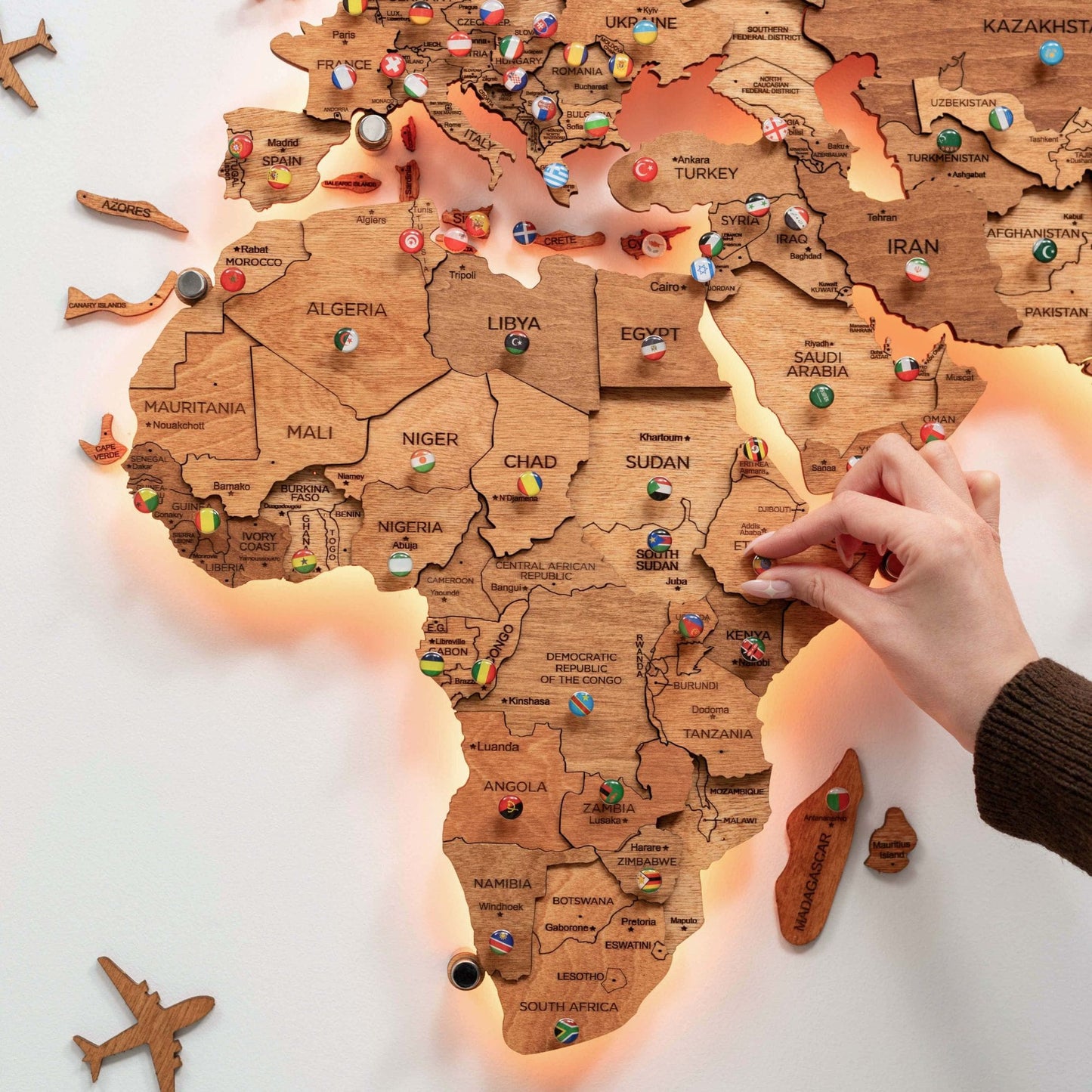 LED Wooden World Map Wall Art - Oak