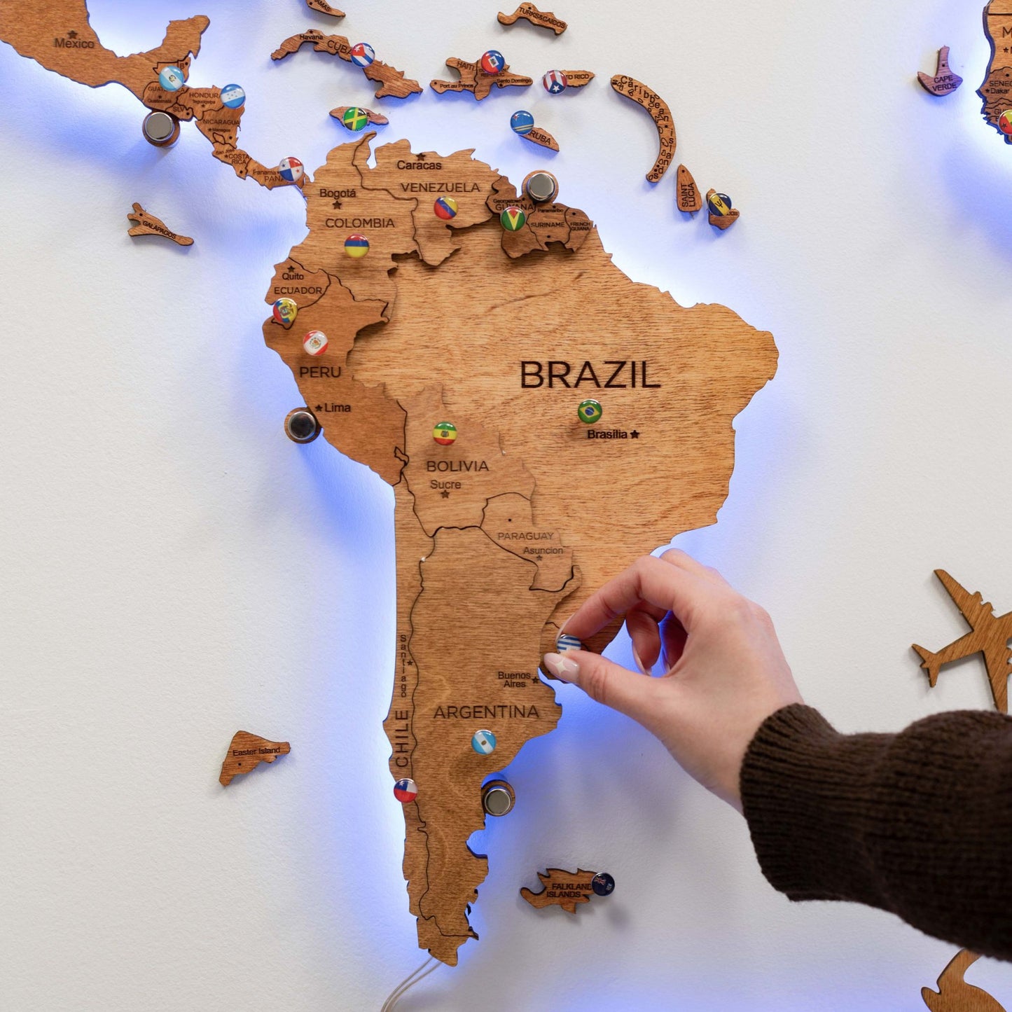 LED Wooden World Map Wall Art - Oak