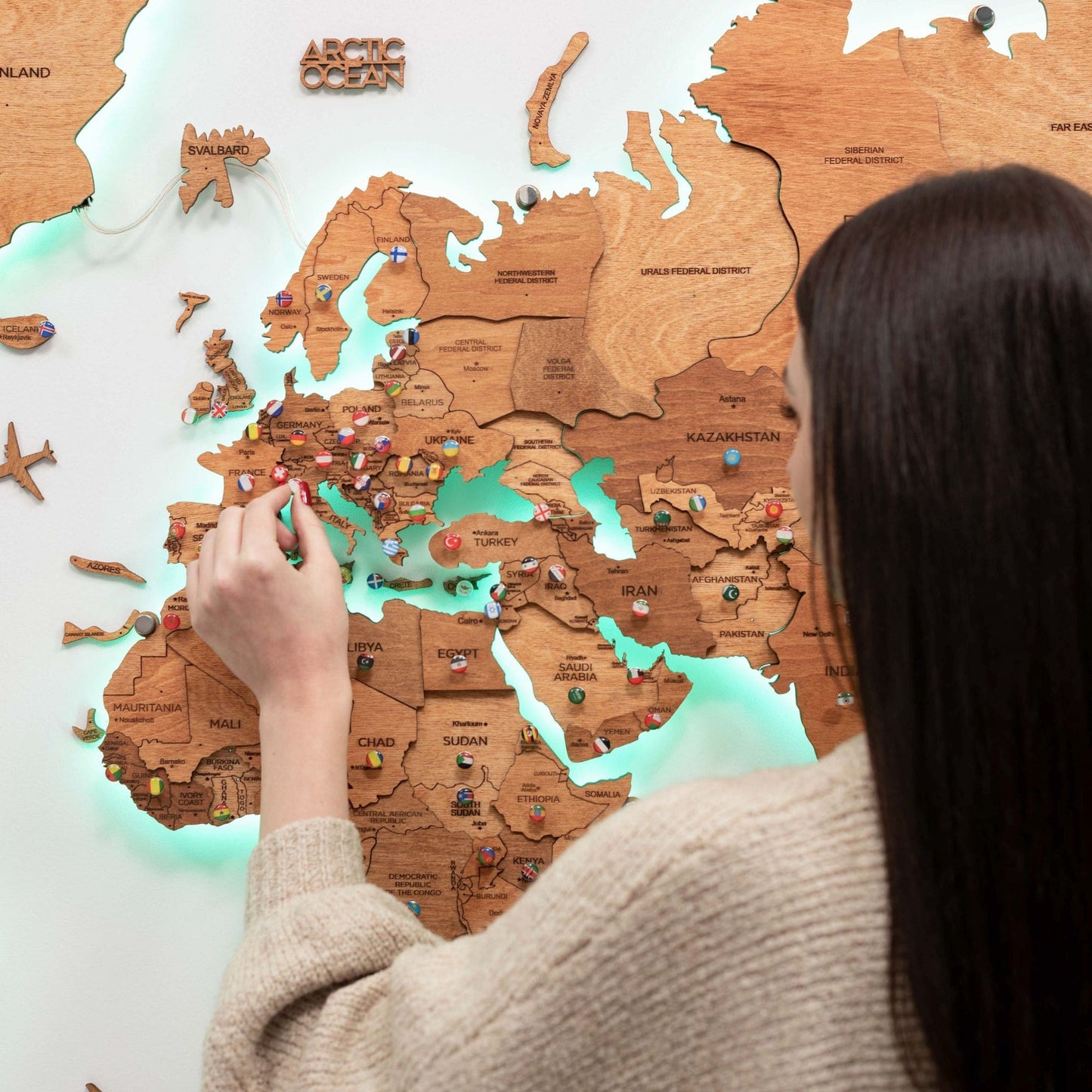 LED Wooden World Map Wall Art - Oak