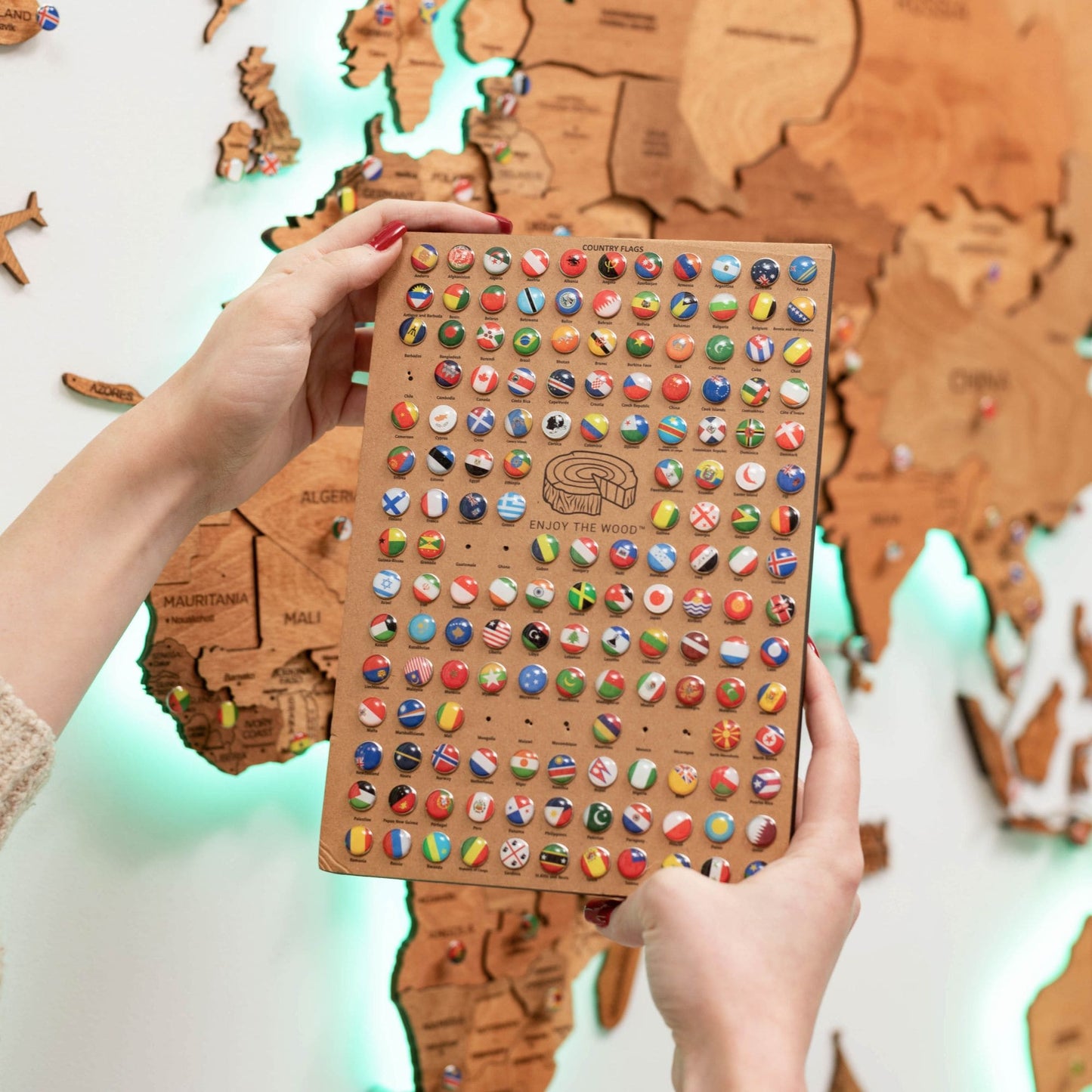 LED Wooden World Map Wall Art - Oak
