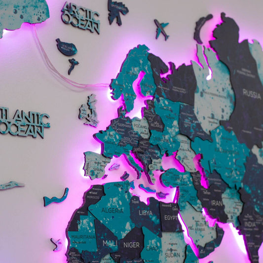 Luminous LED Wooden World Map Wall Art - Ocean