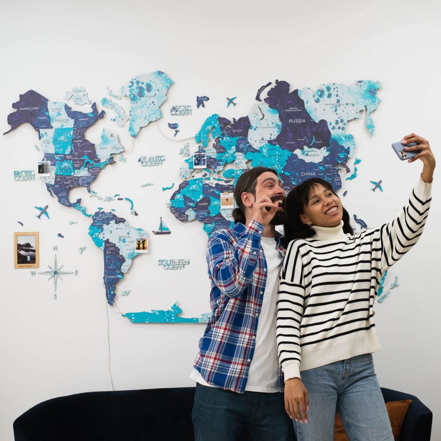 Luminous LED Wooden World Map Wall Art - Ocean